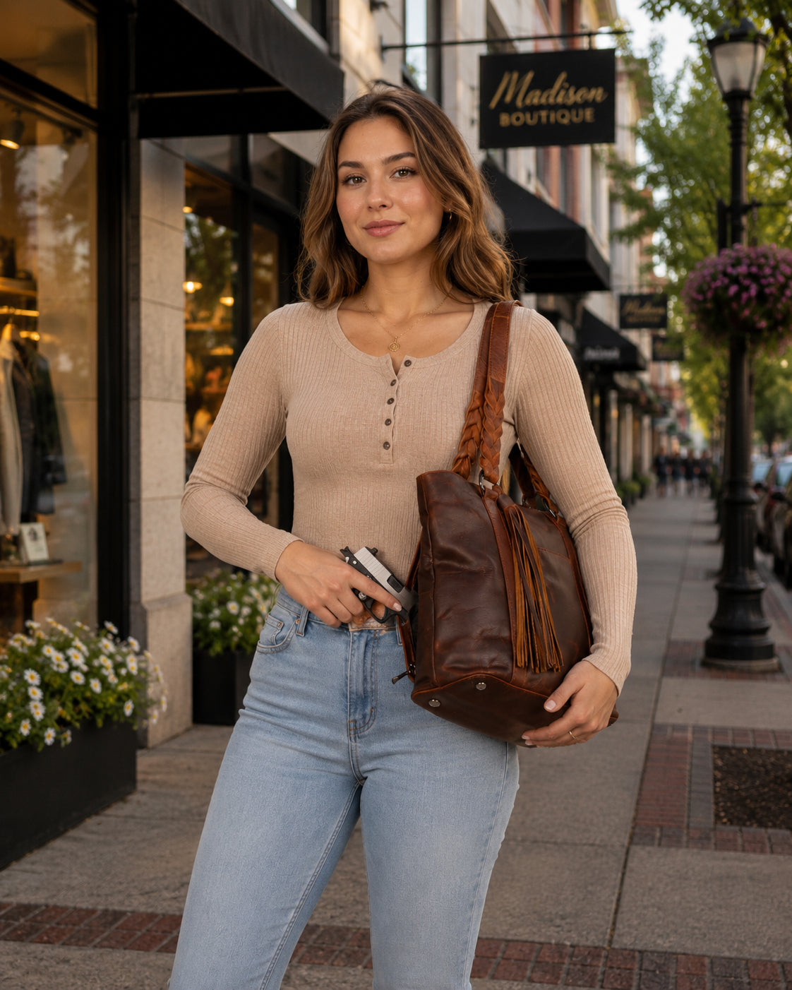 A woman stands on a city sidewalk holding then Concealed Carry Bella Leather Tote - Women's Purse for Pistol - Locking Purse with pistol slot - Leather Conceal Carry purse for Women - Concealed carry purse holster - Conceal Carry Handbag for Pistol - Handgun Bags for Womenwith long tassel straps. She is wearing a beige V-neck sweater and blue jeans.