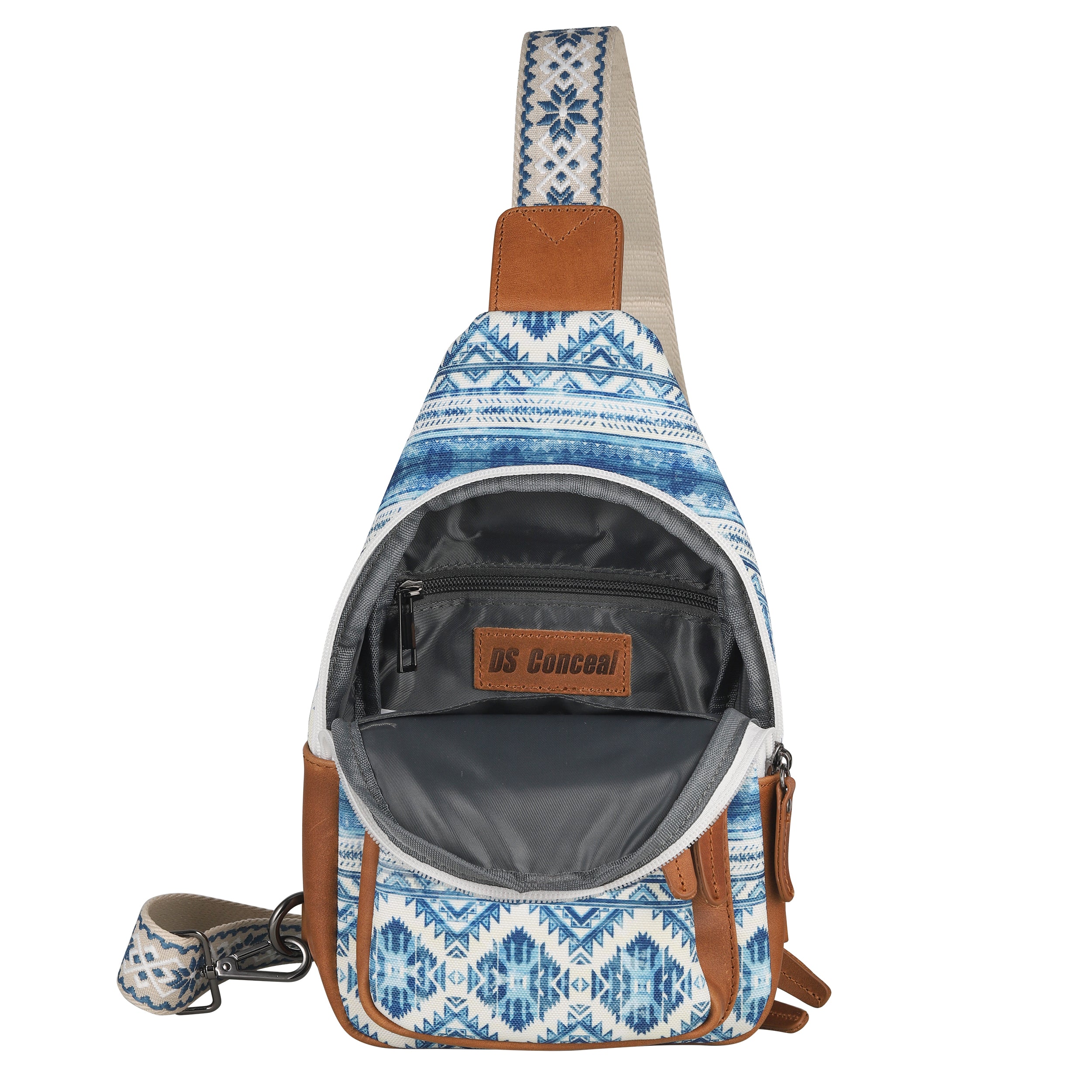 Soft gray interior fopr the Concealed Carry Indie Canvas Sling by DS Conceal Indie canvas sling bag, concealed carry crossbody for EDC, travel, or everyday use