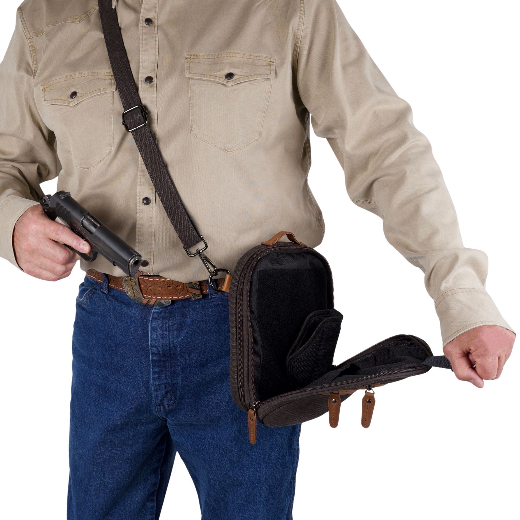 actical unisex Jax bag, concealed carry crossbody with secure canvas, Velcro holster