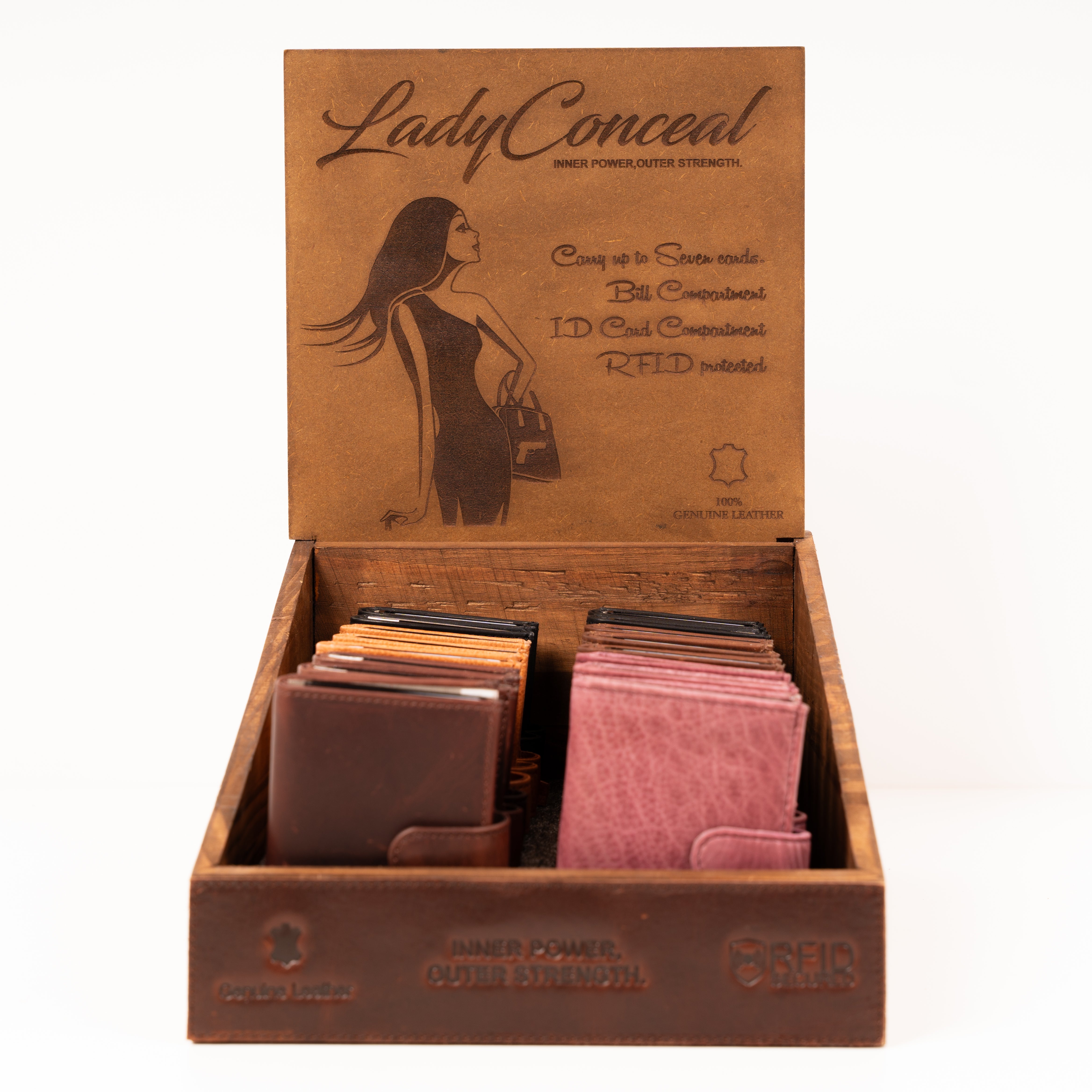 Wooden Wallet Display Case with 16 RFID Leather Pop-Up Wallets – Wholesale Retail Seller Setup – Full-Grain Compact Wallets