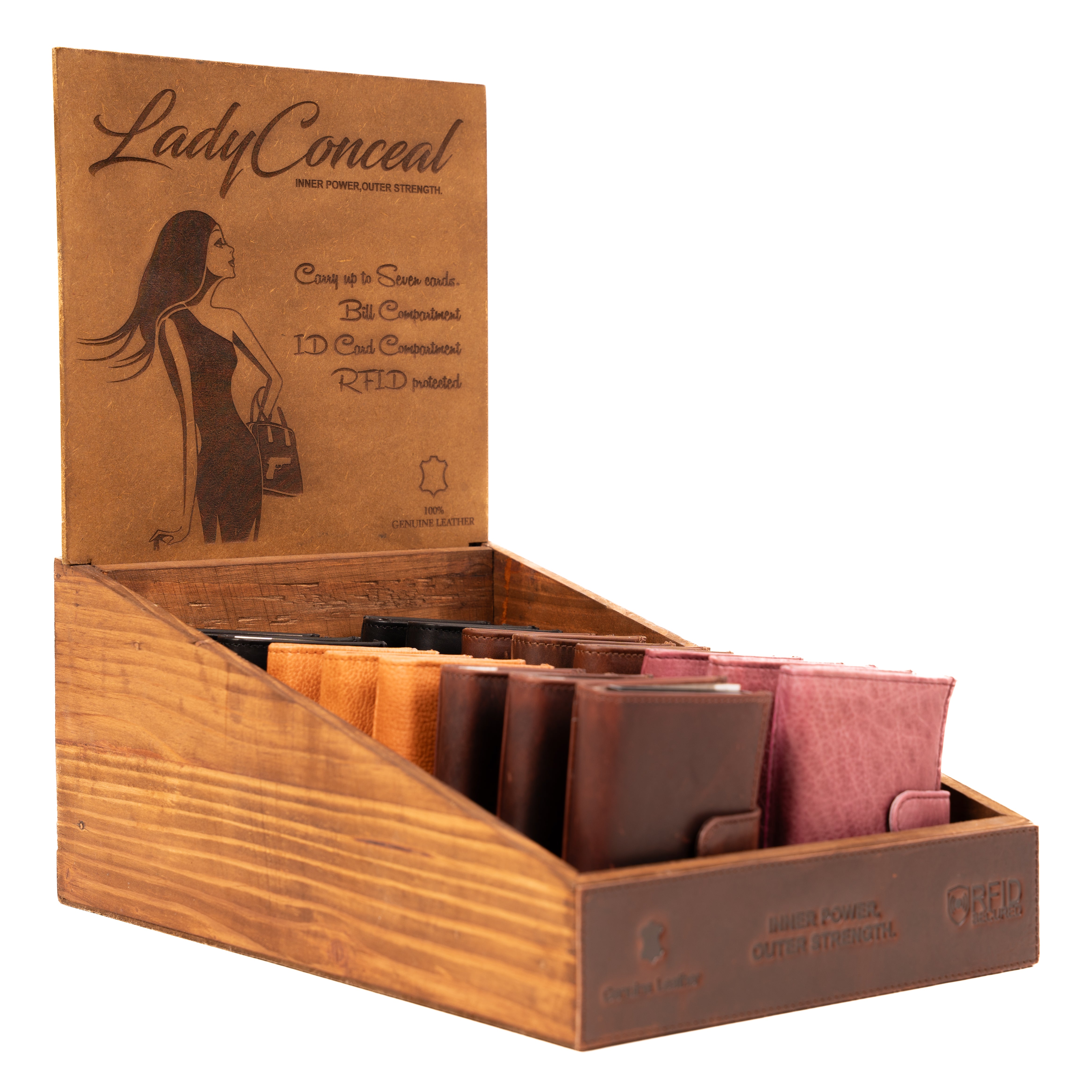 RFID Leather Pop-Up Wallet Set – 16 Compact Wallets in Wood Case – Wholesale Dealer Display for Countertop Retail