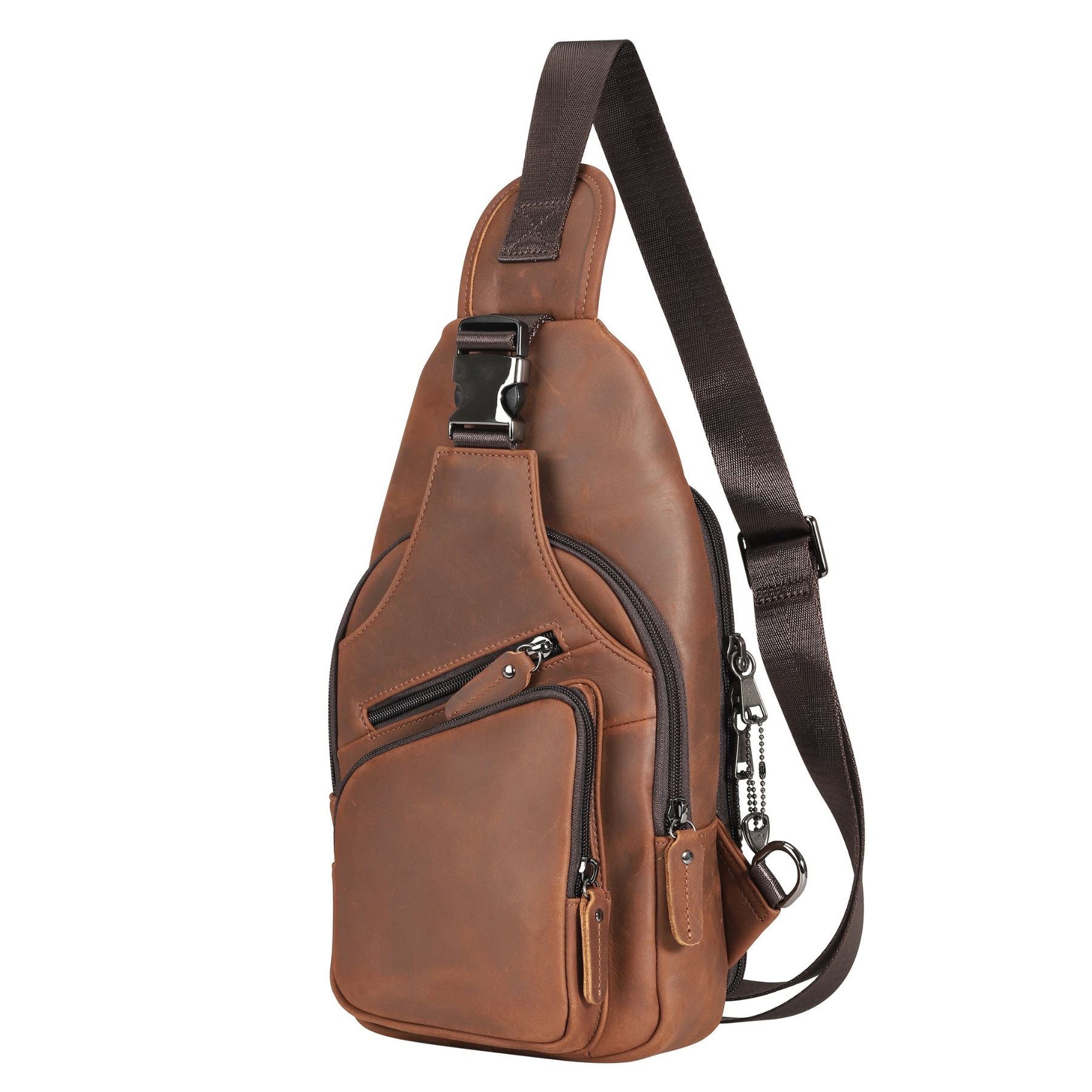 Leather Xander sling bag for concealed carry, full-grain hide crossbody with zip pockets and adjustable strap