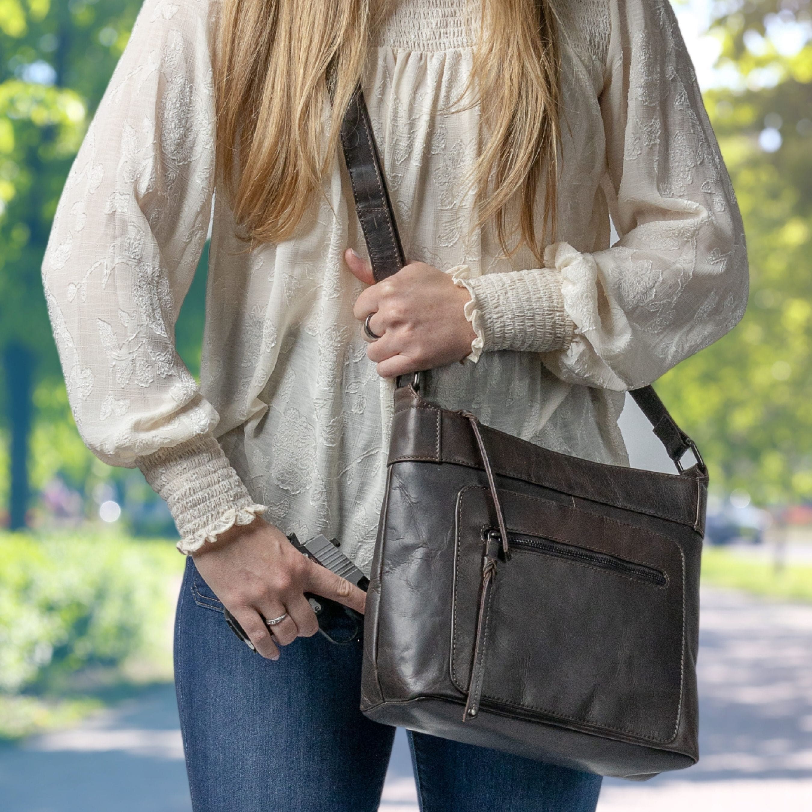 Concealed Carry Delaney Leather Crossbody - Locking Crossbody for Pistol - Designer Concealment Crossbody bag- Discreet Conceal and Carry Crossbody for Women - Designer Leather Crossbody CCW Bag - Locking Conceal and Carry Purse with Universal Holster for Handguns - Best Crossbody for Concealed Carry