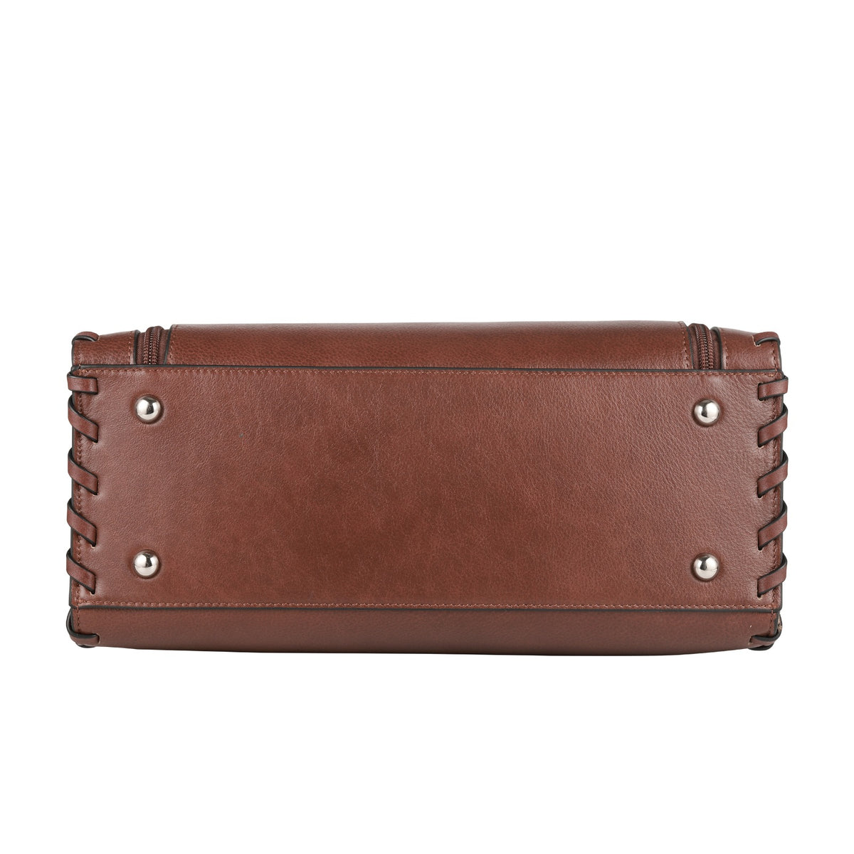 A brown leather clutch or wallet shown from the back, featuring braided leather detailing along the side edges and four silver metal studs, set against a plain white background.
