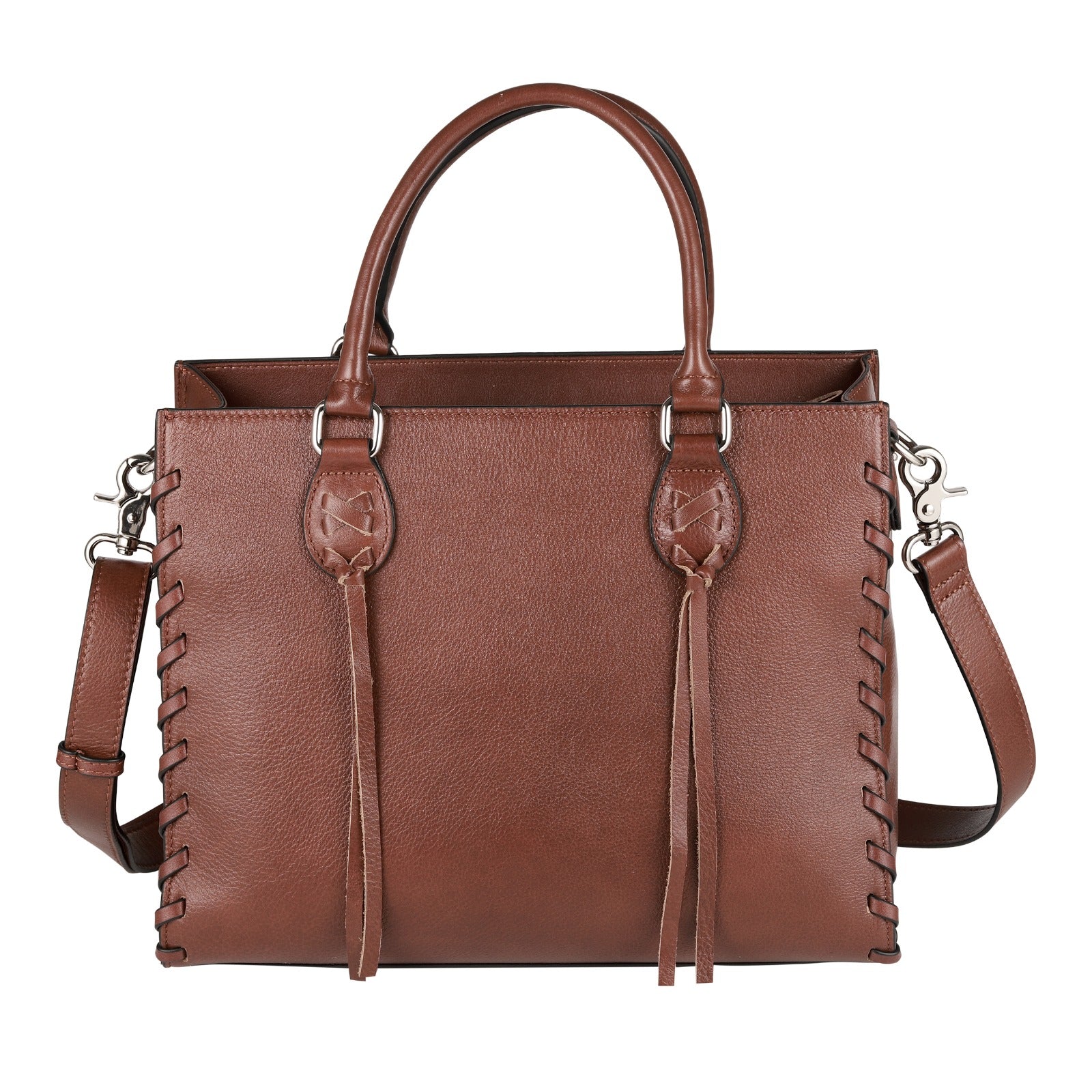 A brown textured leather handbag with dual top handles, decorative side stitching, hanging leather tassels, and a detachable shoulder strap, shown on a plain white background.
