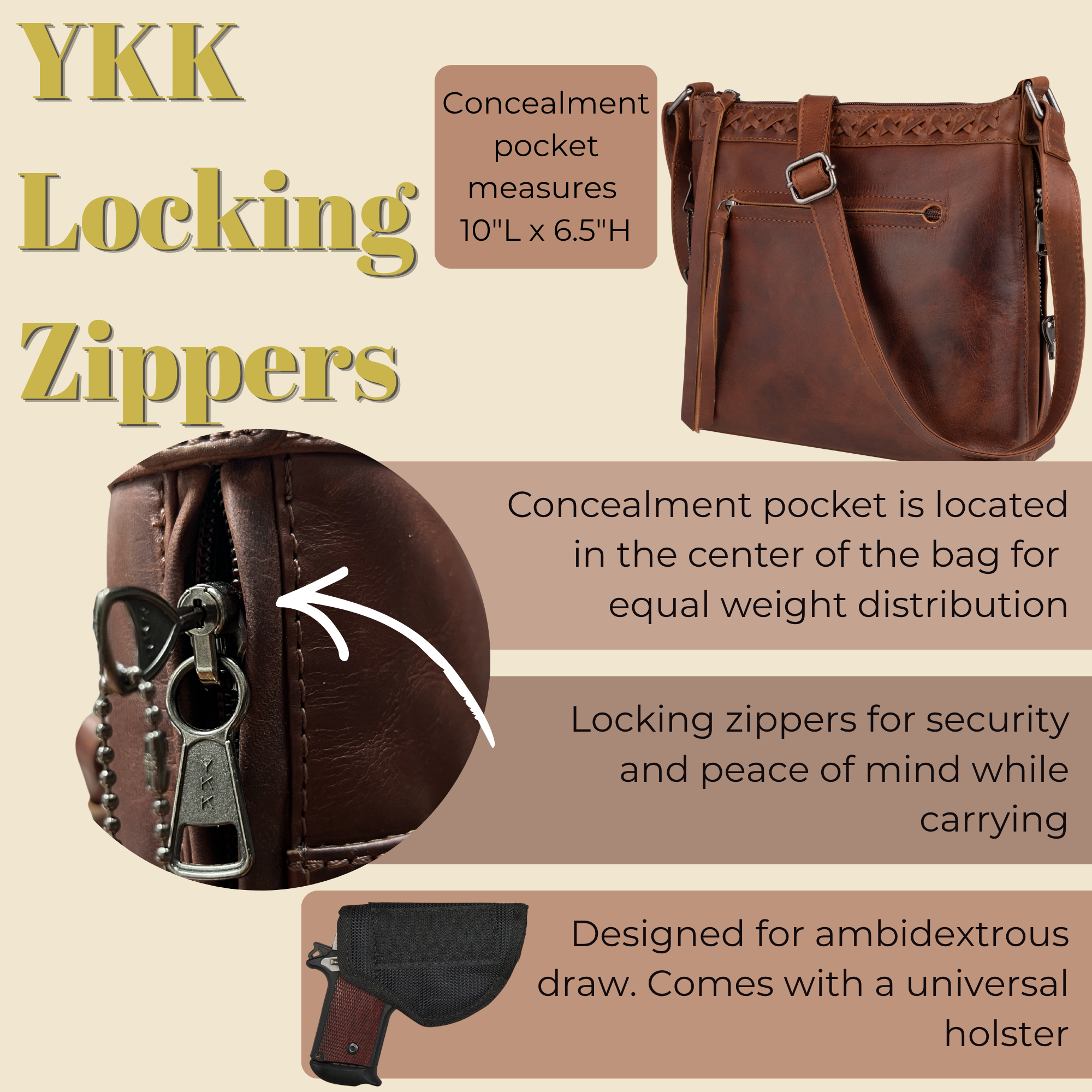 Concealed Carry Crossbody Purse for Women - Faith Leather Crossbody by Lady Conceal - Designer Leather Crossbody CCW Bag - Locking Conceal and Carry Purse with Universal Holster for Handguns - Crossbody Gun and Pistol Bag - concealed carry crossbody Faith leather gun purse with locking zipper