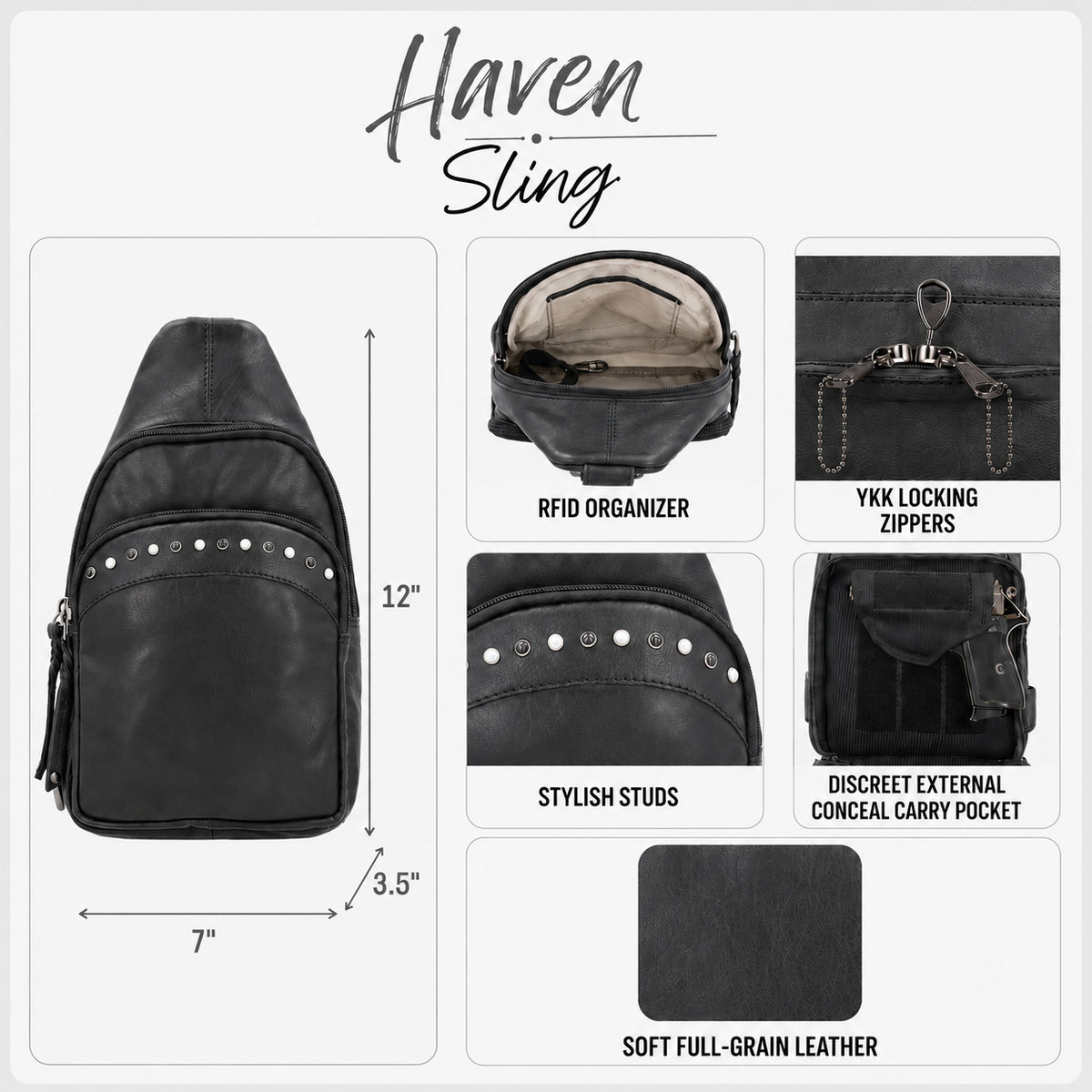 Product information graphic for the Haven Sling backpack, showing the black leather bag with dimensions, interior view, zipper detail, stud detail, discreet pocket detail, and a leather swatch on a light background.