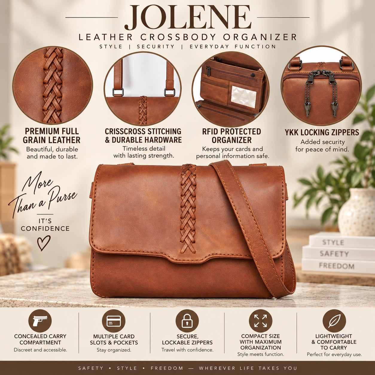 A Jolene leather crossbody organizer bag is shown on a styled tabletop with close-up feature callouts around it. The product is medium brown leather with braided strap details, multiple card slots, a concealed compartment, RFID protection, and YKK locking zippers.