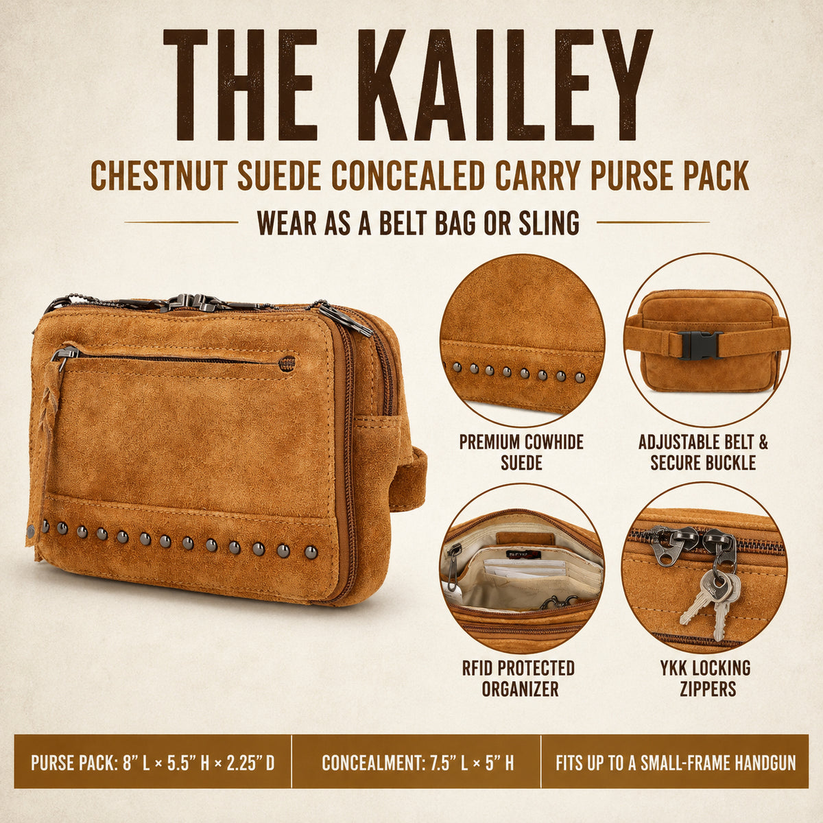 The Kailey chestnut suede concealed carry purse pack shown on a beige background with feature callouts and text. The pouch is tan/cognac suede with metal studs along the front, a zip pocket, and a belt loop.