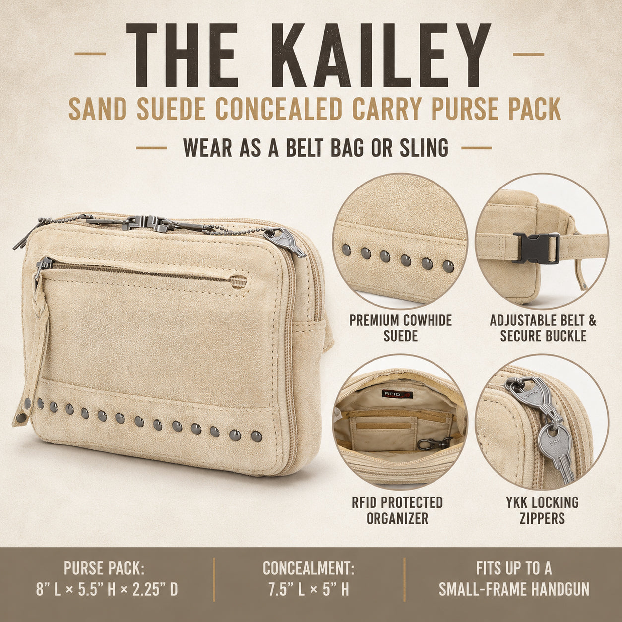 The Kailey Sand Suede Concealed Carry Purse Pack in a light sand-beige suede material, shown with feature callout circles detailing its cowhide suede, adjustable belt, RFID protection, and zippers.