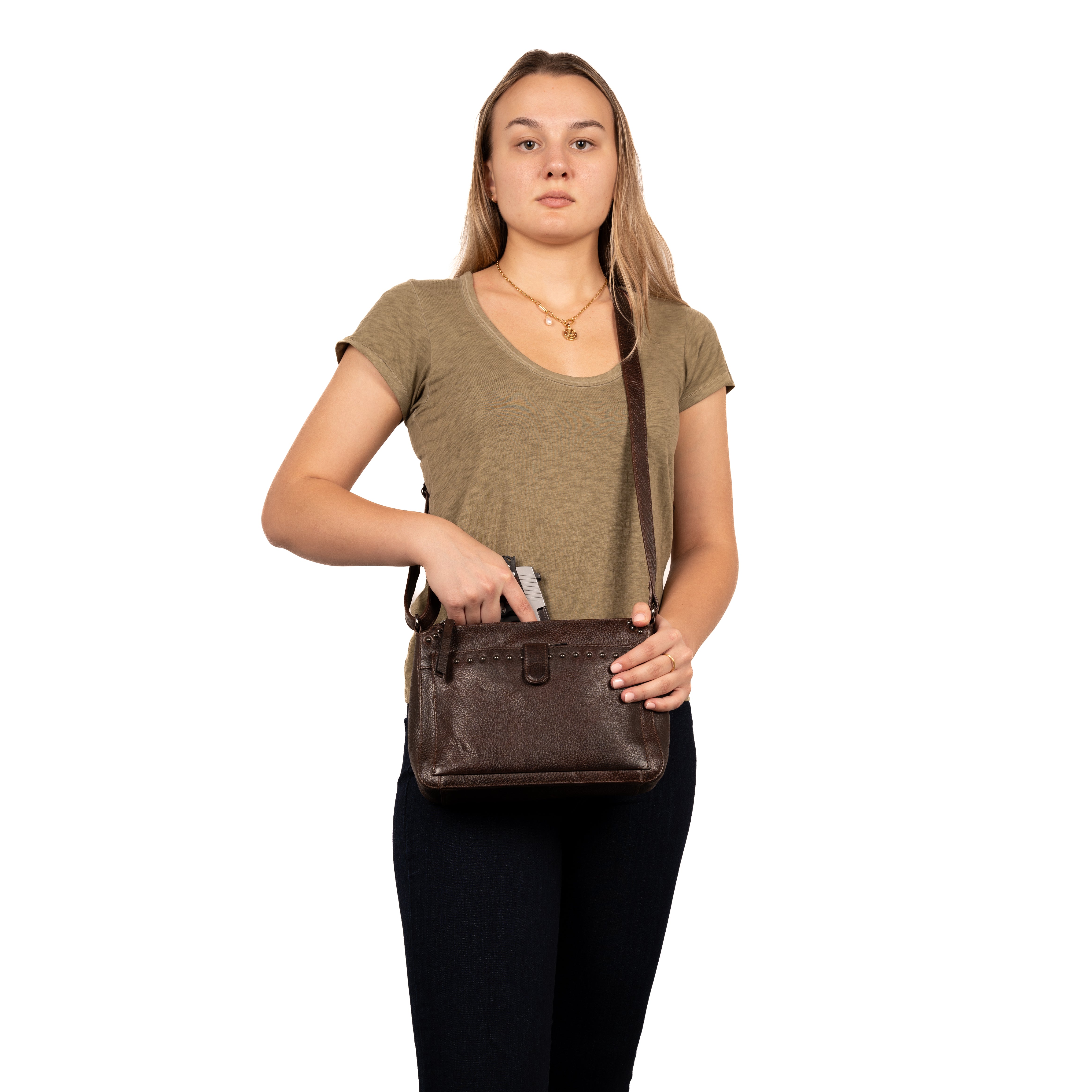 Lady Conceal Leah Crossbody – RFID Wallet and Concealed Carry in Gunmetal Studded Leather