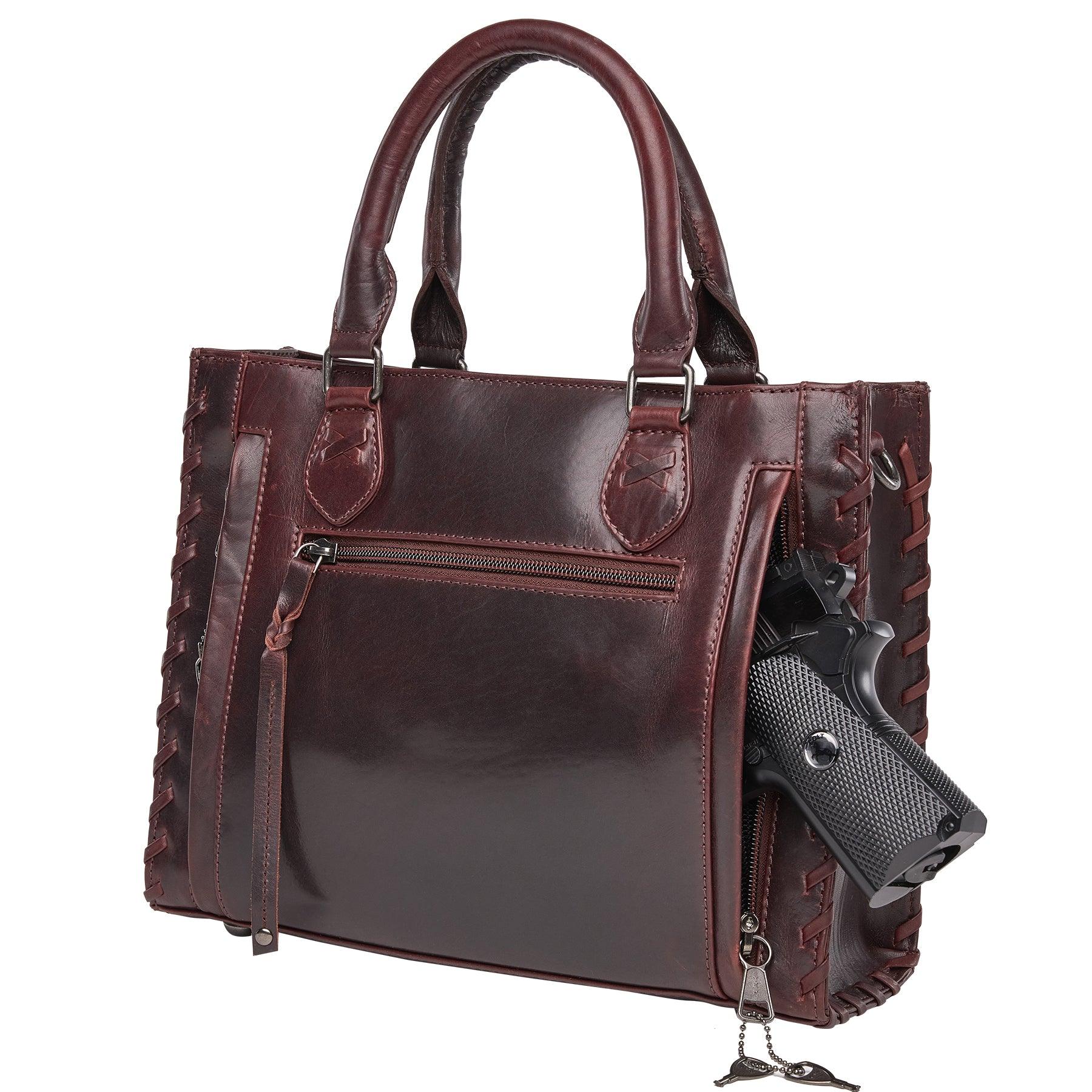 Concealed Carry Emma Leather Satchel - Designer Concealed Carry Purse - YKK Locking Purse with Universal Holster - Leather Bag For Gun Owners - Easy Conceal Carry - CCW Purse for Women - Conceal and Carry purse for Handgun - Designer Luxury Conceal Carry Handbag - Handbag Gun and Pistol Bag - Handbag for concealed gun - Hidden Gun Bag