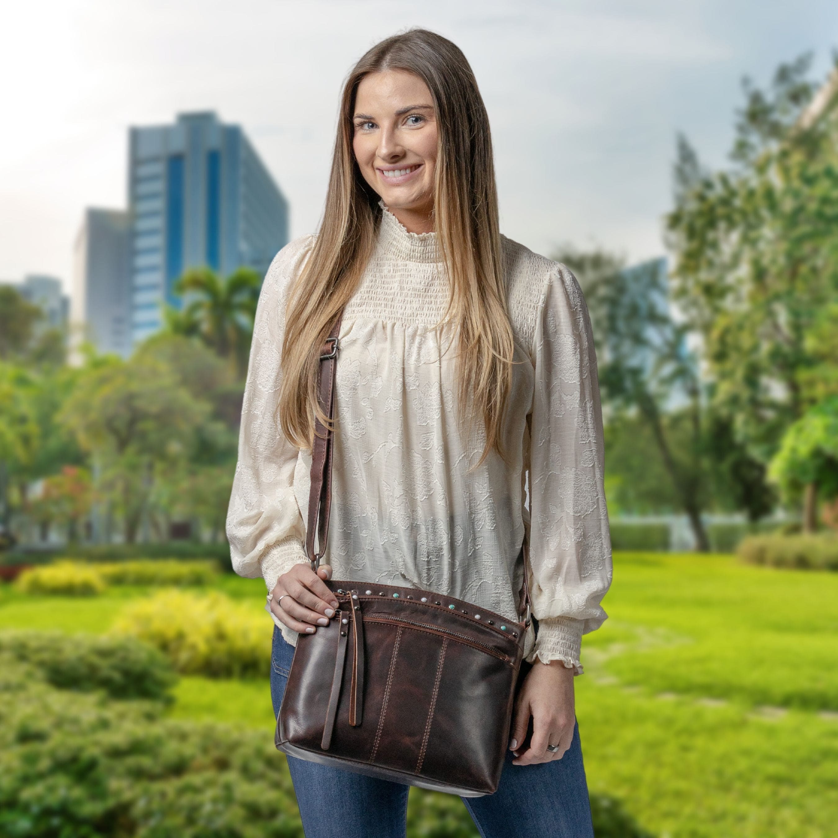 Concealed Carry Brynn Arched Leather Crossbody - Lady Conceal - Concealed Carry Purse - conceal and carry purse for women - tactical pistol bag - Locking Conceal and Carry Purse with Universal Holster for Handguns - Unique Hide Crossbody Gun and Pistol Bag