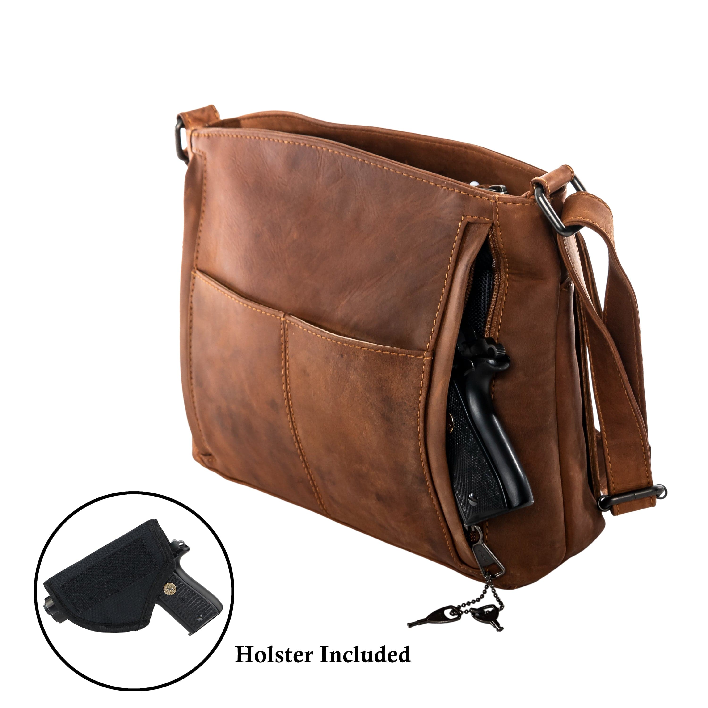 Concealed Carry Brynn Arched Leather Crossbody - Lady Conceal - Concealed Carry Purse - conceal and carry purse for women - tactical pistol bag - Locking Conceal and Carry Purse with Universal Holster for Handguns - Unique Hide Crossbody Gun and Pistol Bag