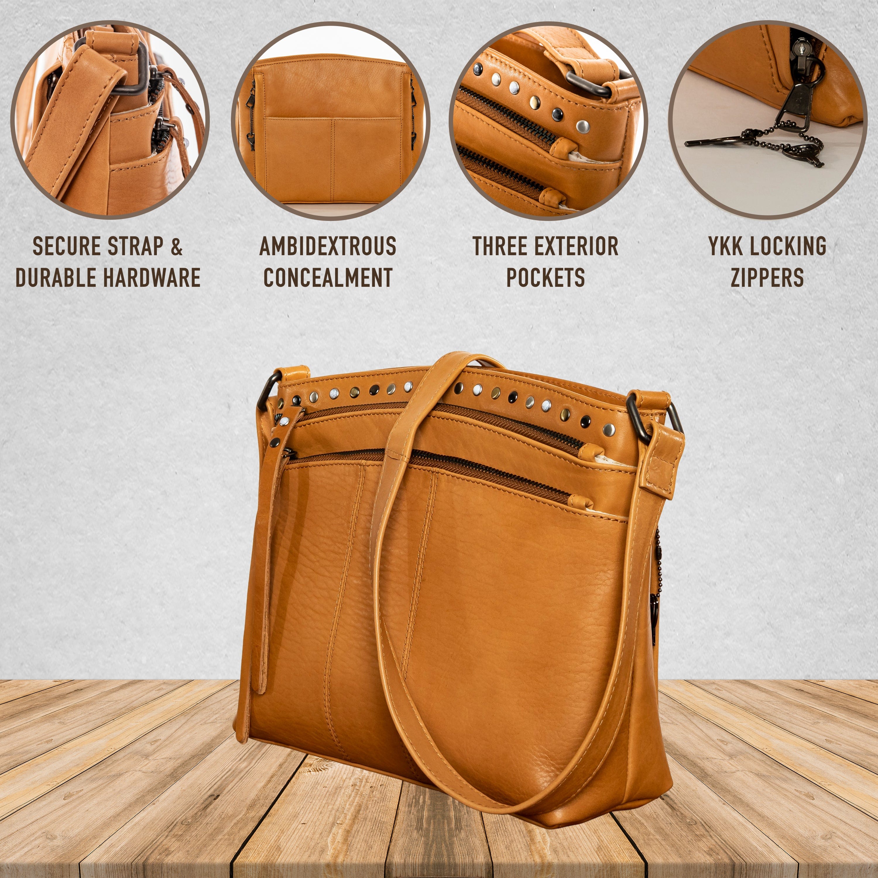 Concealed Carry Brynn Arched Leather Crossbody - Lady Conceal - Concealed Carry Purse - conceal and carry purse for women - tactical pistol bag - Locking Conceal and Carry Purse with Universal Holster for Handguns - Unique Hide Crossbody Gun and Pistol Bag