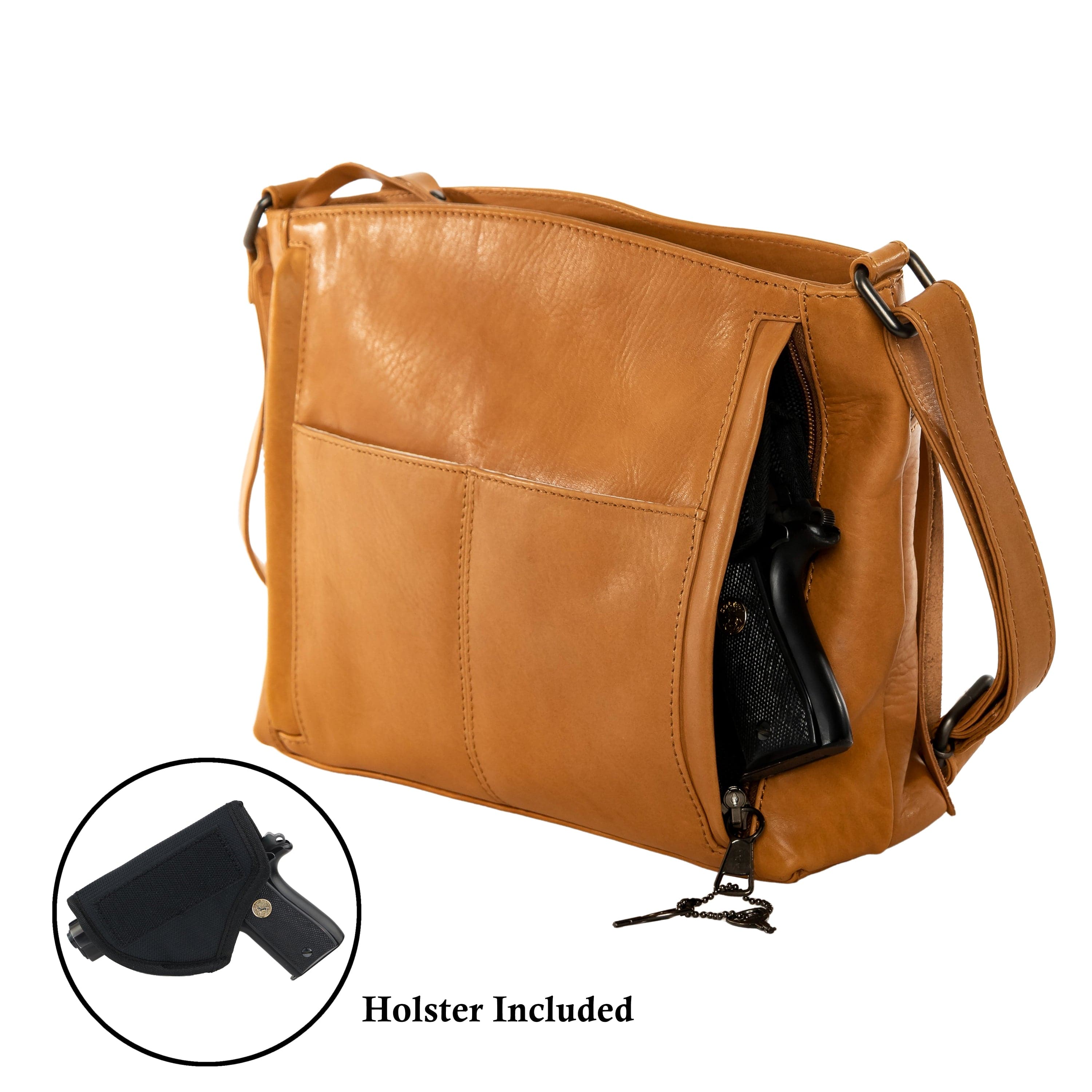 Concealed Carry Brynn Arched Leather Crossbody - Lady Conceal - Concealed Carry Purse - conceal and carry purse for women - tactical pistol bag - Locking Conceal and Carry Purse with Universal Holster for Handguns - Unique Hide Crossbody Gun and Pistol Bag