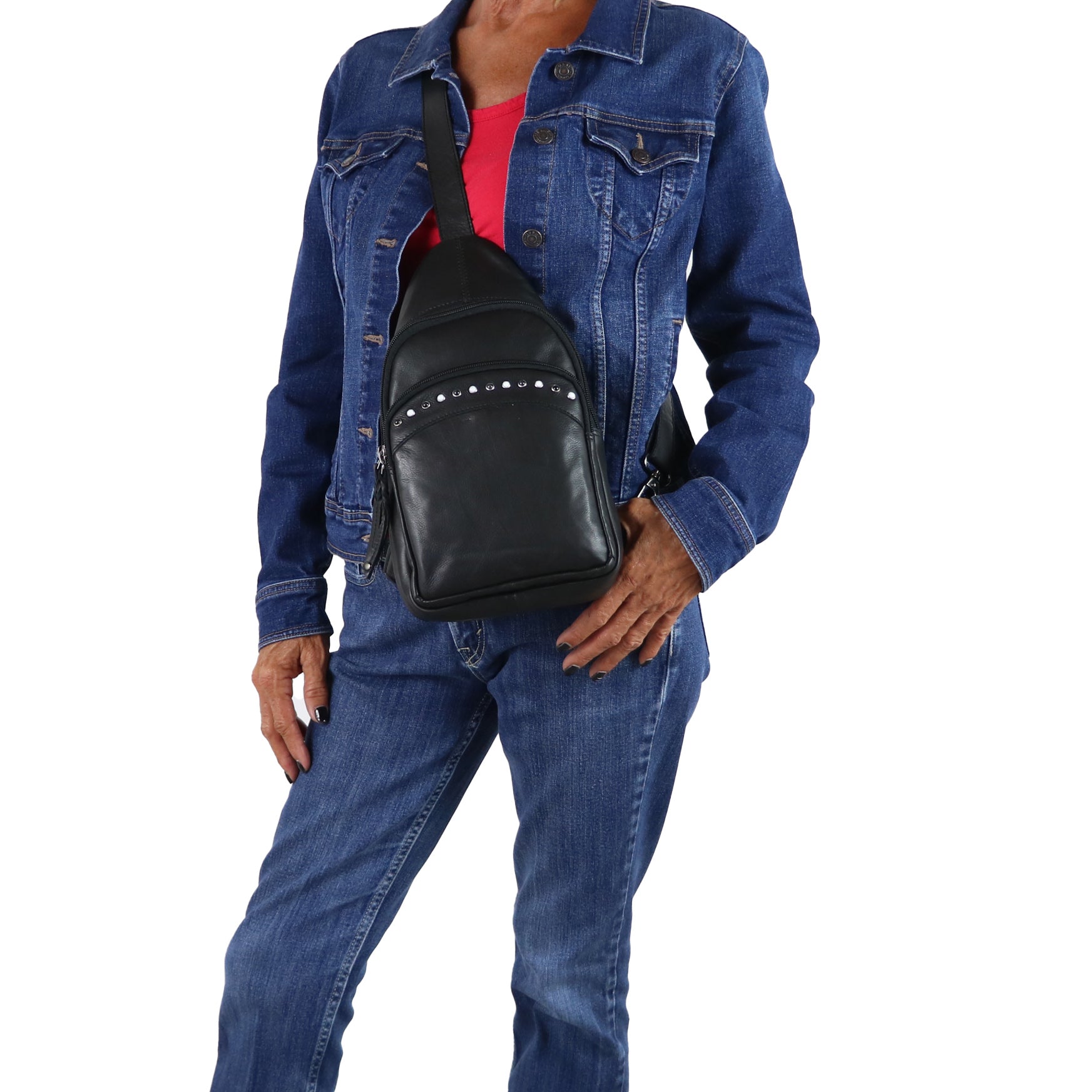 Full-grain leather concealed carry sling backpack for USA-owned gun shops, firearm instructors, and tactical bag retailers