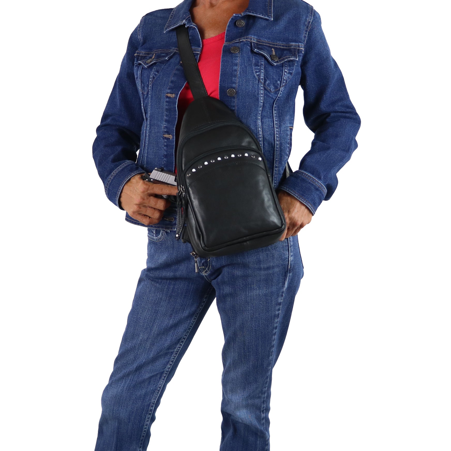 Lady Conceal Haven leather sling backpack for tactical instructors, CCW retailers, and firearm safety business owners