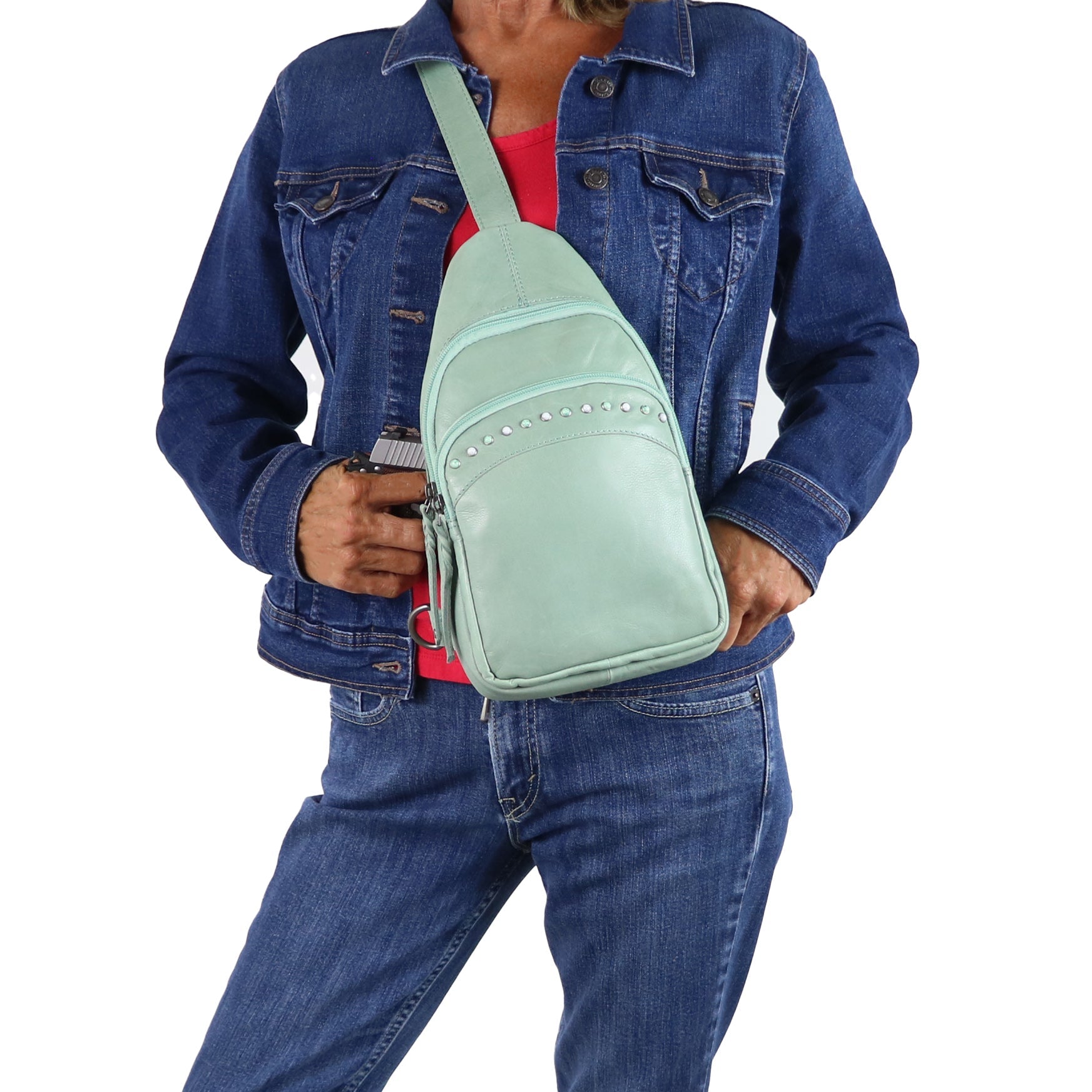 Jeweled Leather Sling – Haven CCW Backpack for Women by Lady Conceal Wholesale - Firearm Instructor Supplies for Sale