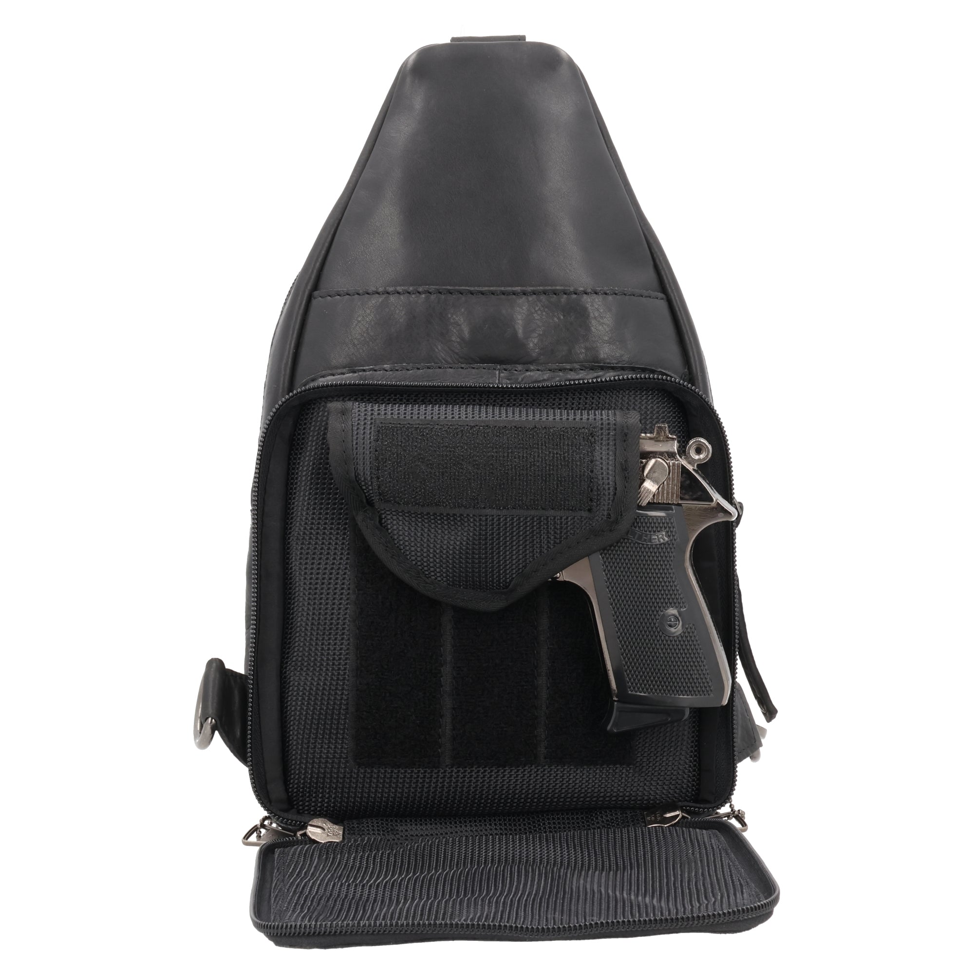 Secure leather gun backpack with locking holster, ideal for dealers, USA gun shops, and women-led firearm safety classes.