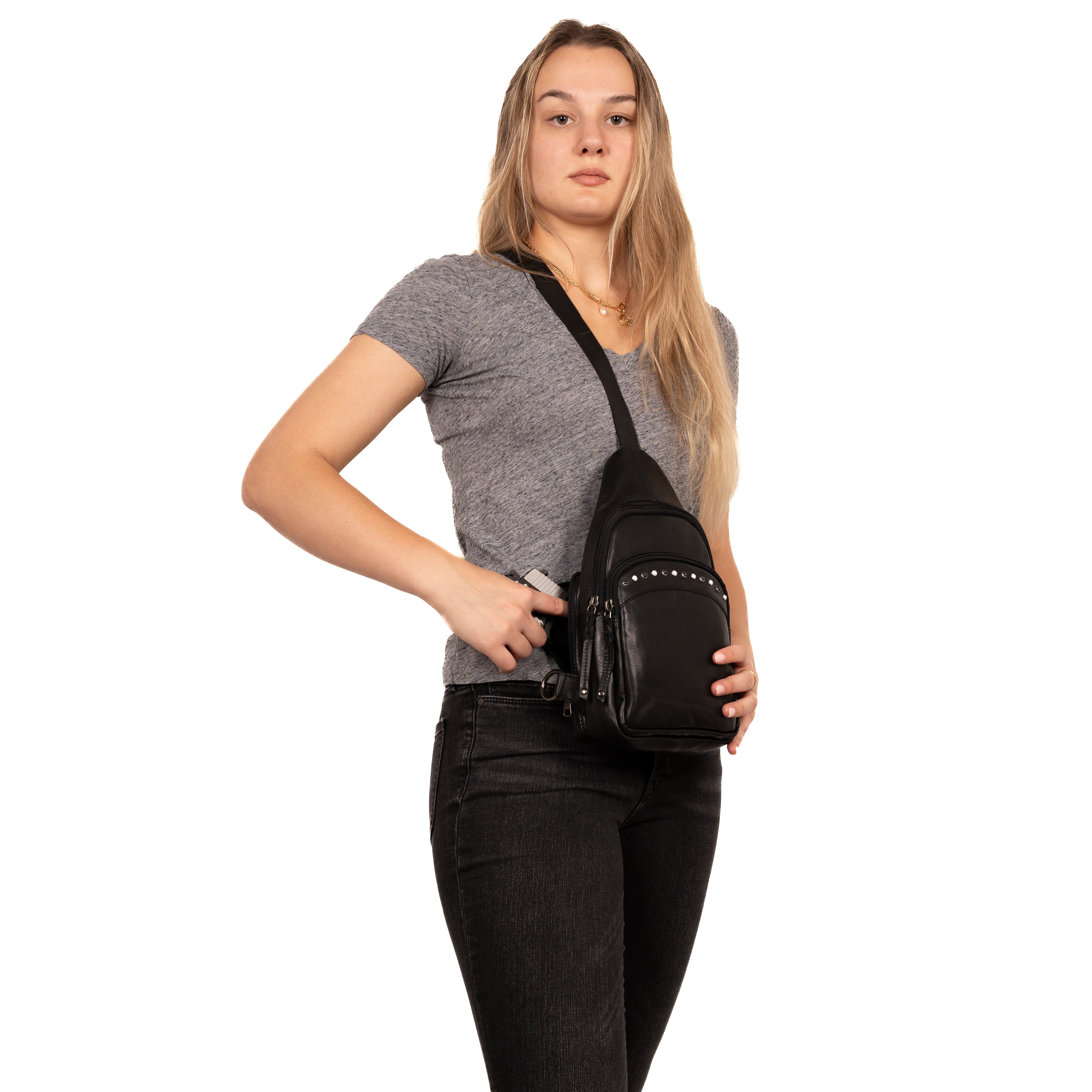 USA-owned firearm business concealment sling bag with universal holster for trainers, dealers, and tactical instructors