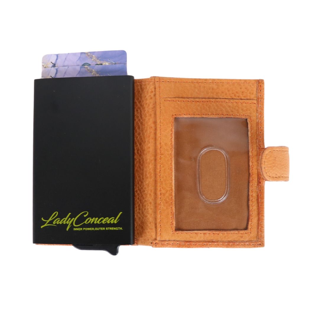 Wholesale Leather Wallet Bundle – RFID Pop-Up Design – 16 Wallets in Wooden Countertop Display for Retail Sellers