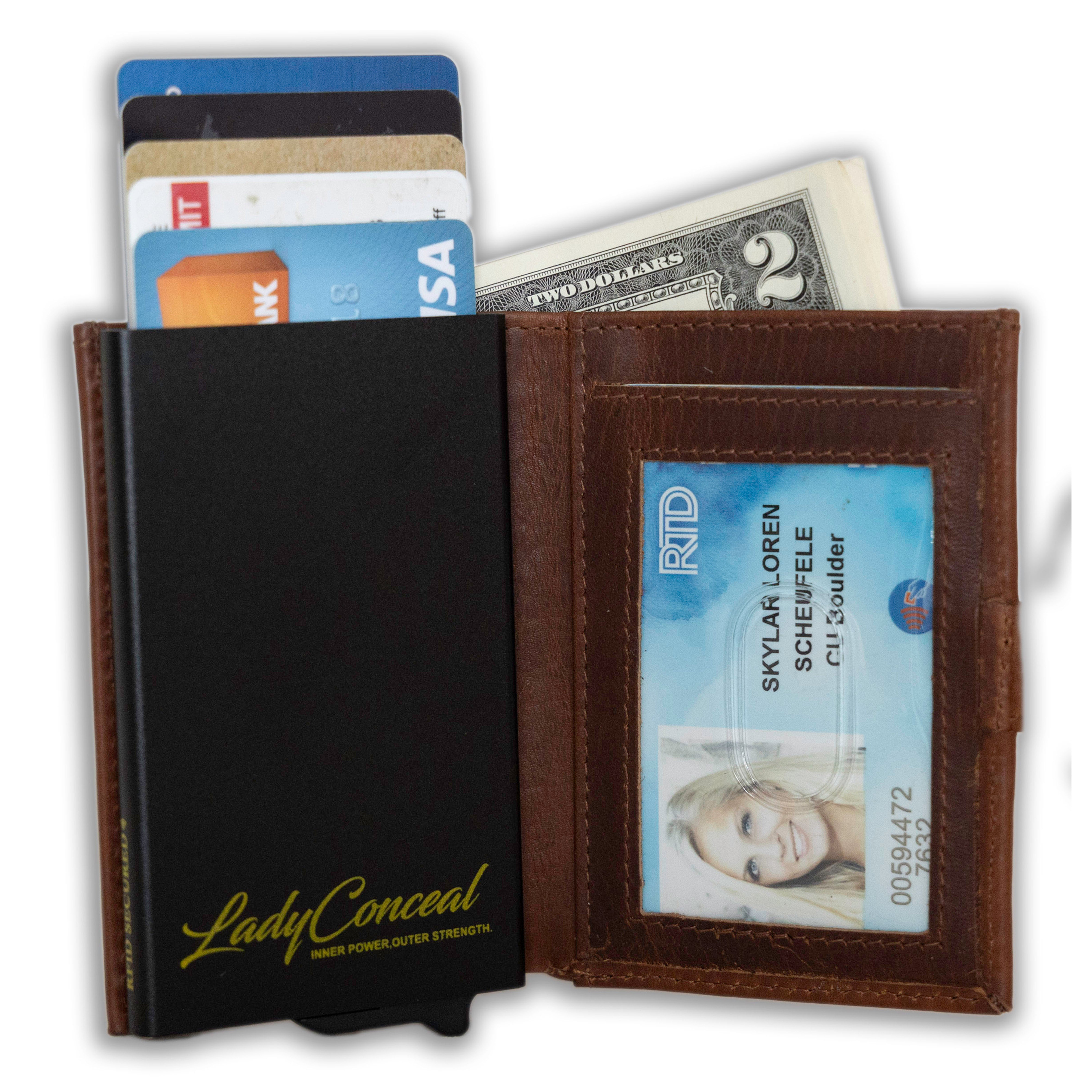 RFID Leather Wallet by Lady Conceal – Nova Pop-Up Style with 8-Card Capacity, Coin Pouch, ID Slot – Wholesale Ready