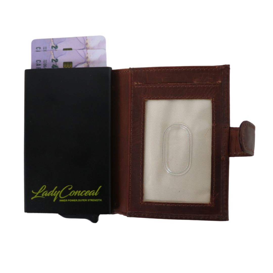 Lady Conceal Leather RFID Wallet – Nova Auto Pop-Up Card Access, Full-Grain Construction, Storage for Cards and Bills