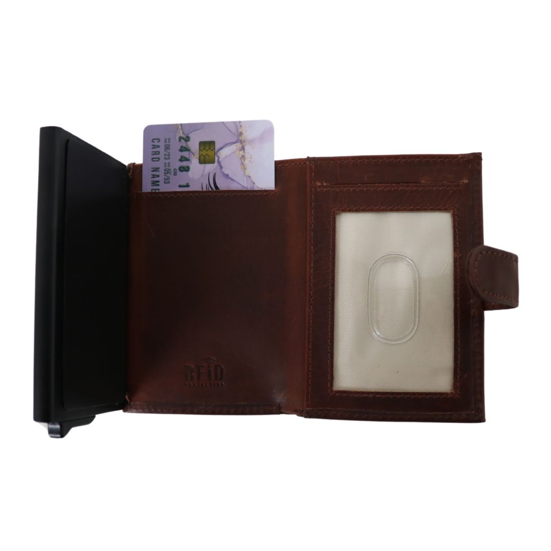 Lady Conceal RFID Pop-Up Leather Wallet Display – 16 Compact Wallets in Wood Case – Drop Shipping & Wholesale Ready
