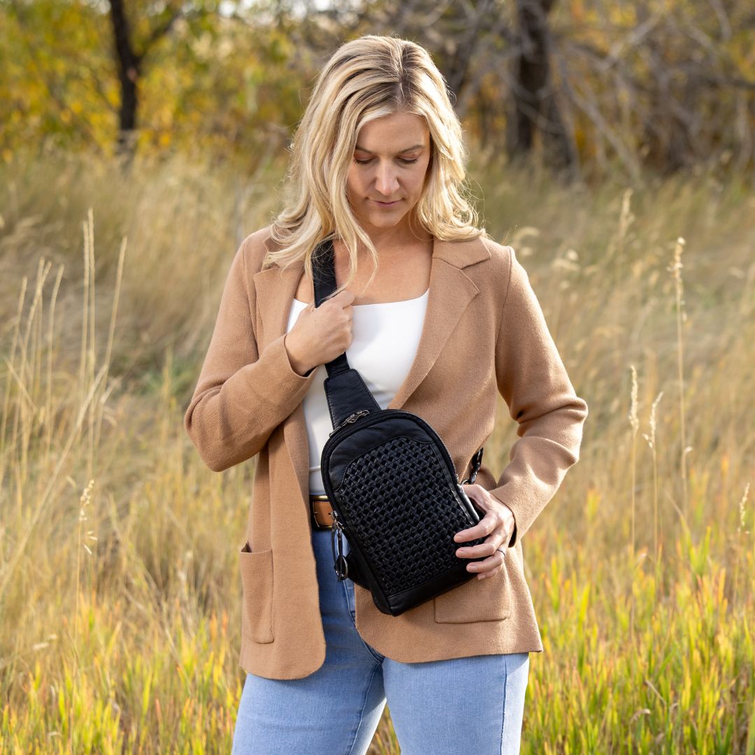 Concealed Carry Bristol Sling Leather Backpack by Lady Conceal