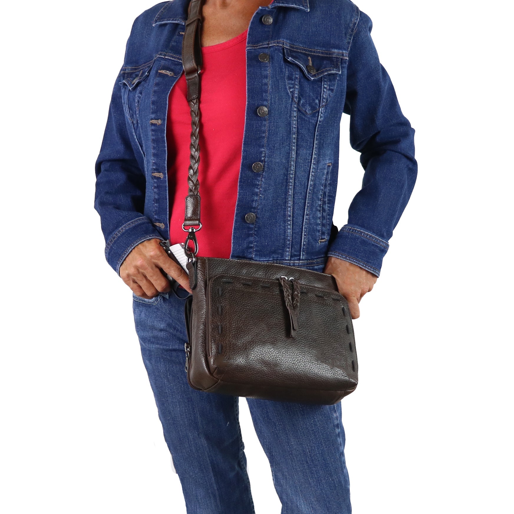 oe buffalo leather concealed carry crossbody with locking gun pocket and RFID organizer for tactical everyday carry