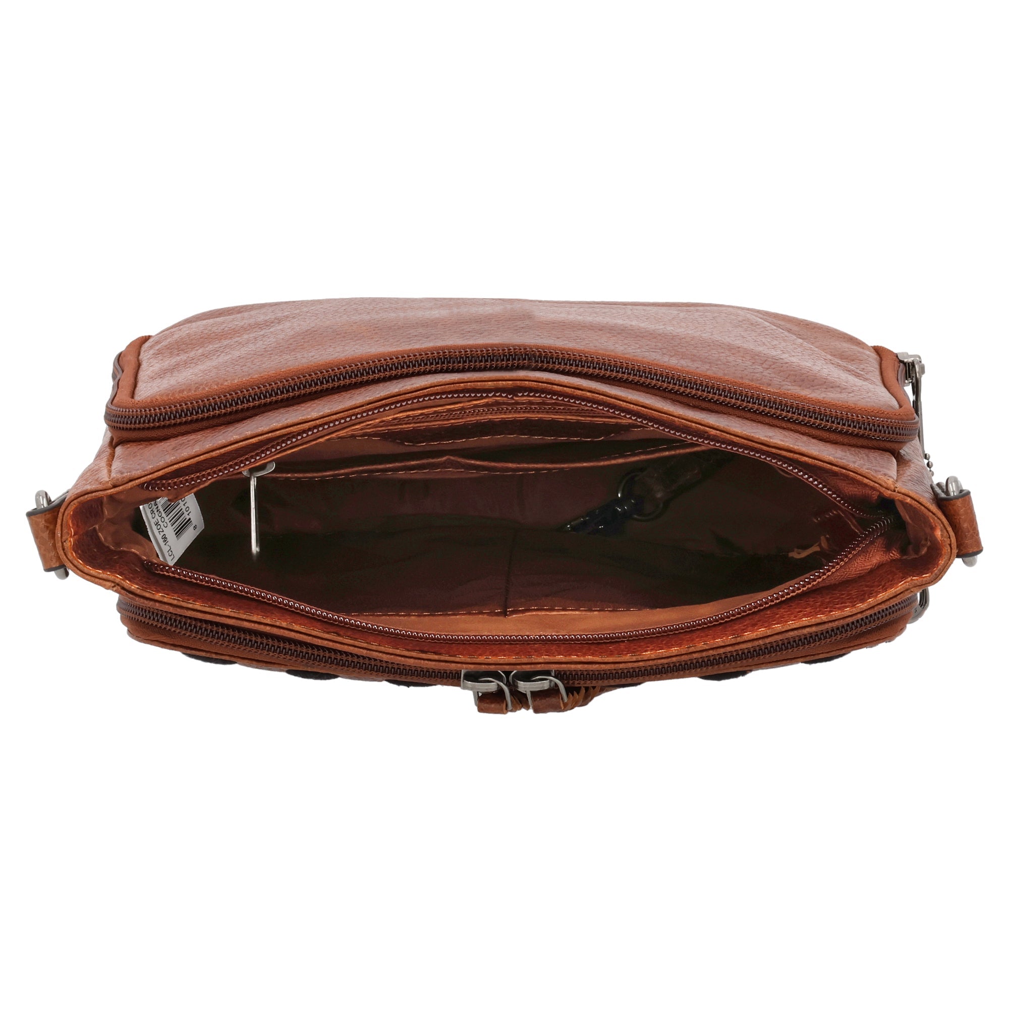 Zoe CCW leather crossbody - RFID-blocking organizer, locking gun access, braided trim, top choice for sellers and tactical boutiques