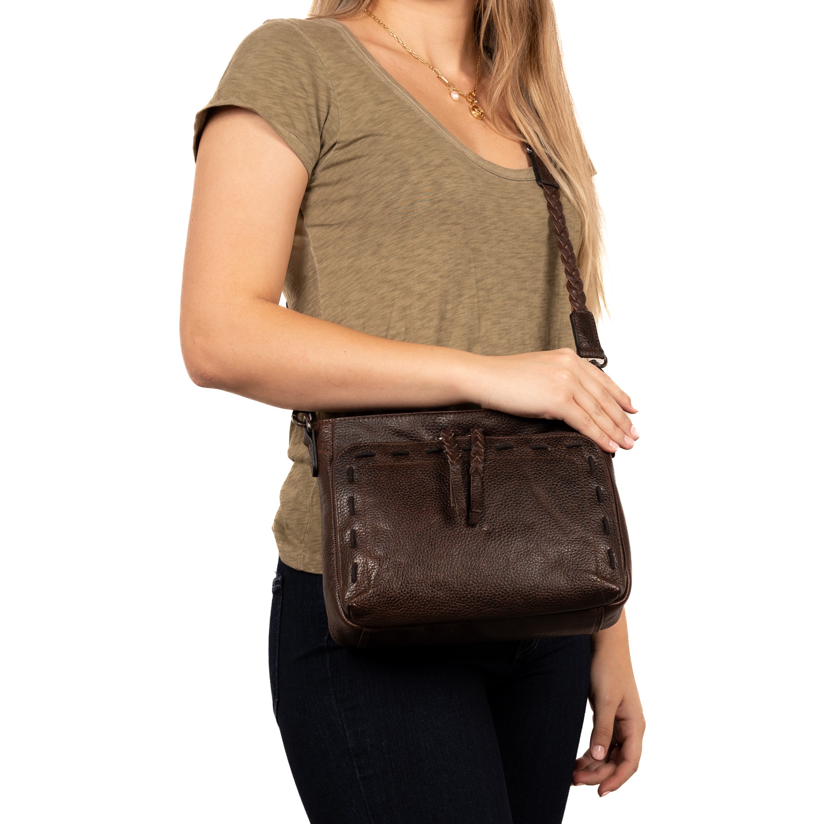 Zoe leather gun purse with RFID card slots, locking YKK zippers, secure holster space, ideal for shops, instructors, and drop ship
