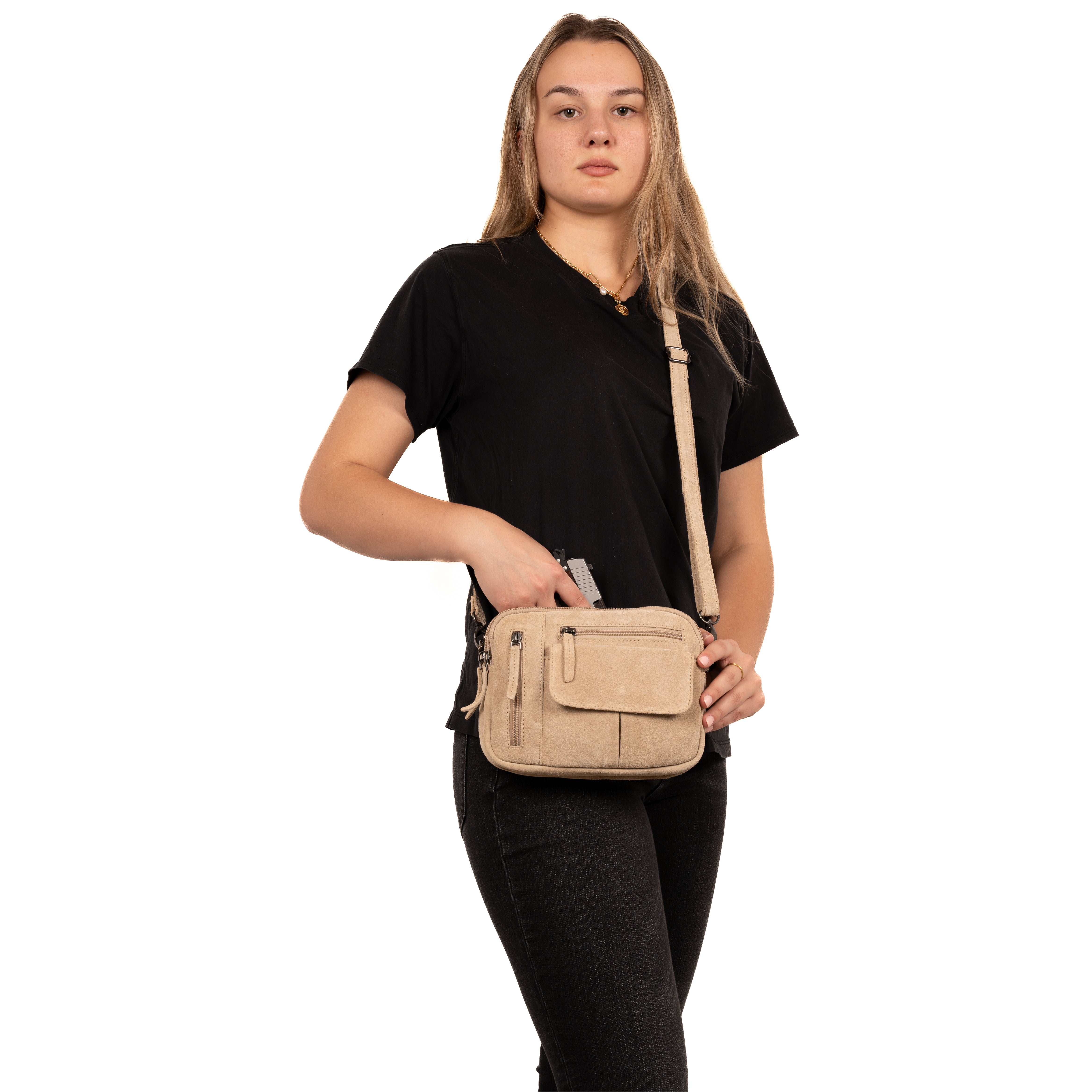 Soft Suede RFID Gun Bag – Hadley Crossbody by Lady Conceal with Multiple Zippers and Holster