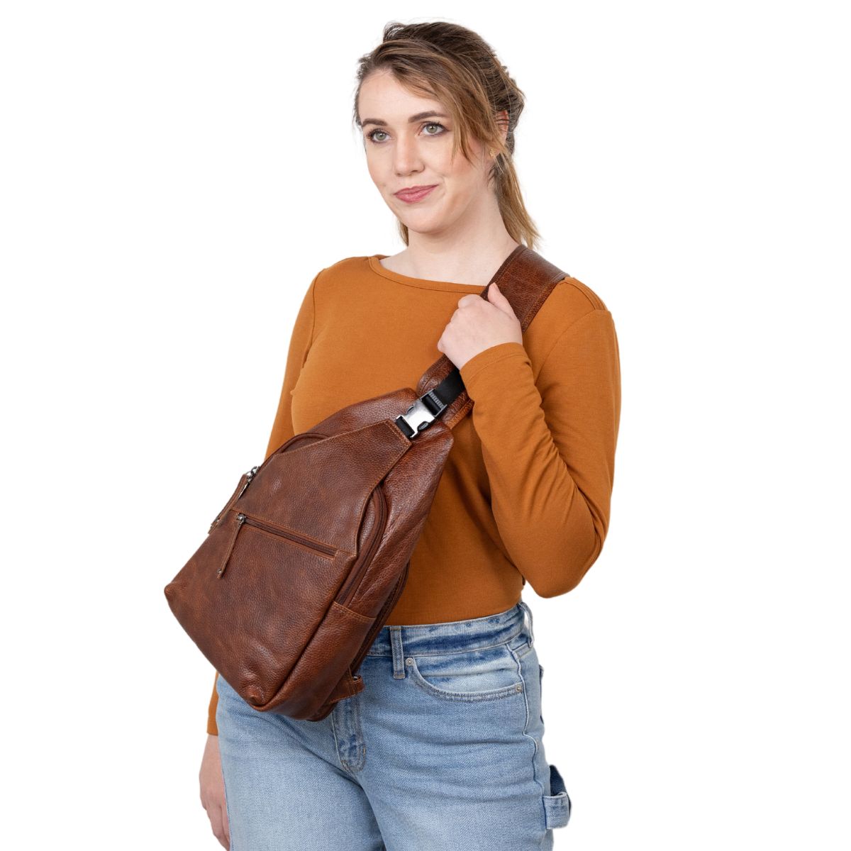 Locking Zipper Buffalo Leather Sling by Lady Conceal, Grayson Concealed Carry, Seller, USA Owned, Lady Conceal Catalog, Wholesale
