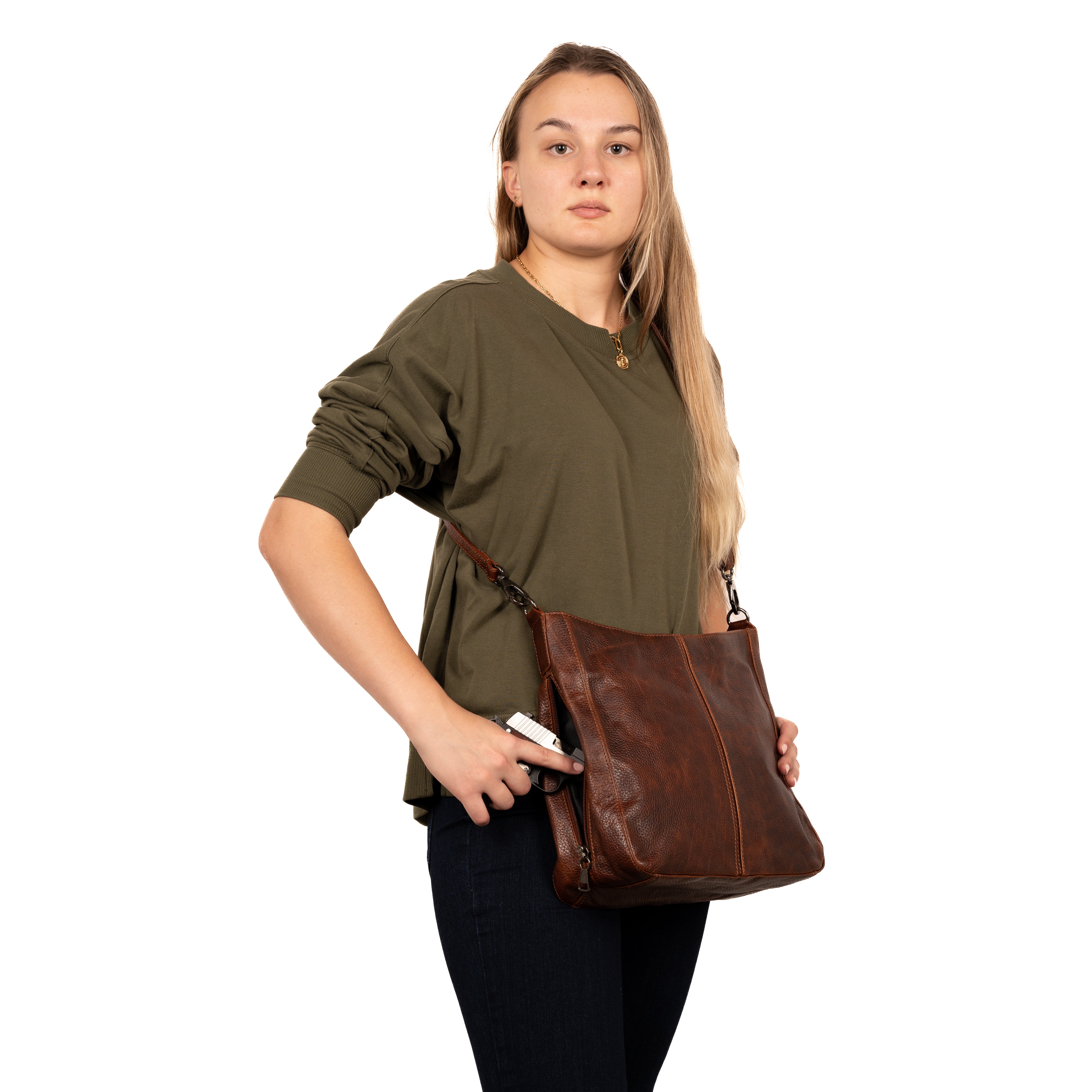 Concealed Carry Handbag – Ava Hobo in Buffalo Leather with Universal Holster for Large Handguns