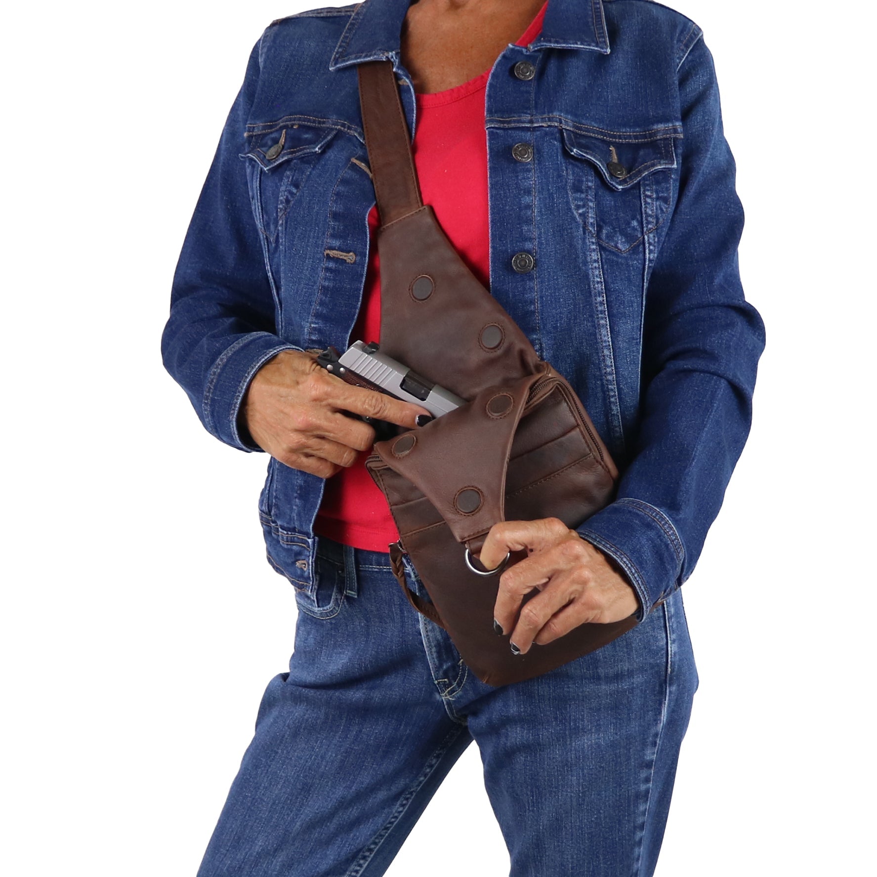 Concealed Carry Unisex Dakota Leather Sling by Lady Conceal - Magnetic Firearm Bag - Fast Draw CCW bag - Universal Holster Pistol Sling - Unisex Gun Leather Backpack - Anti-Theft Gun Bag with Locking Zippers