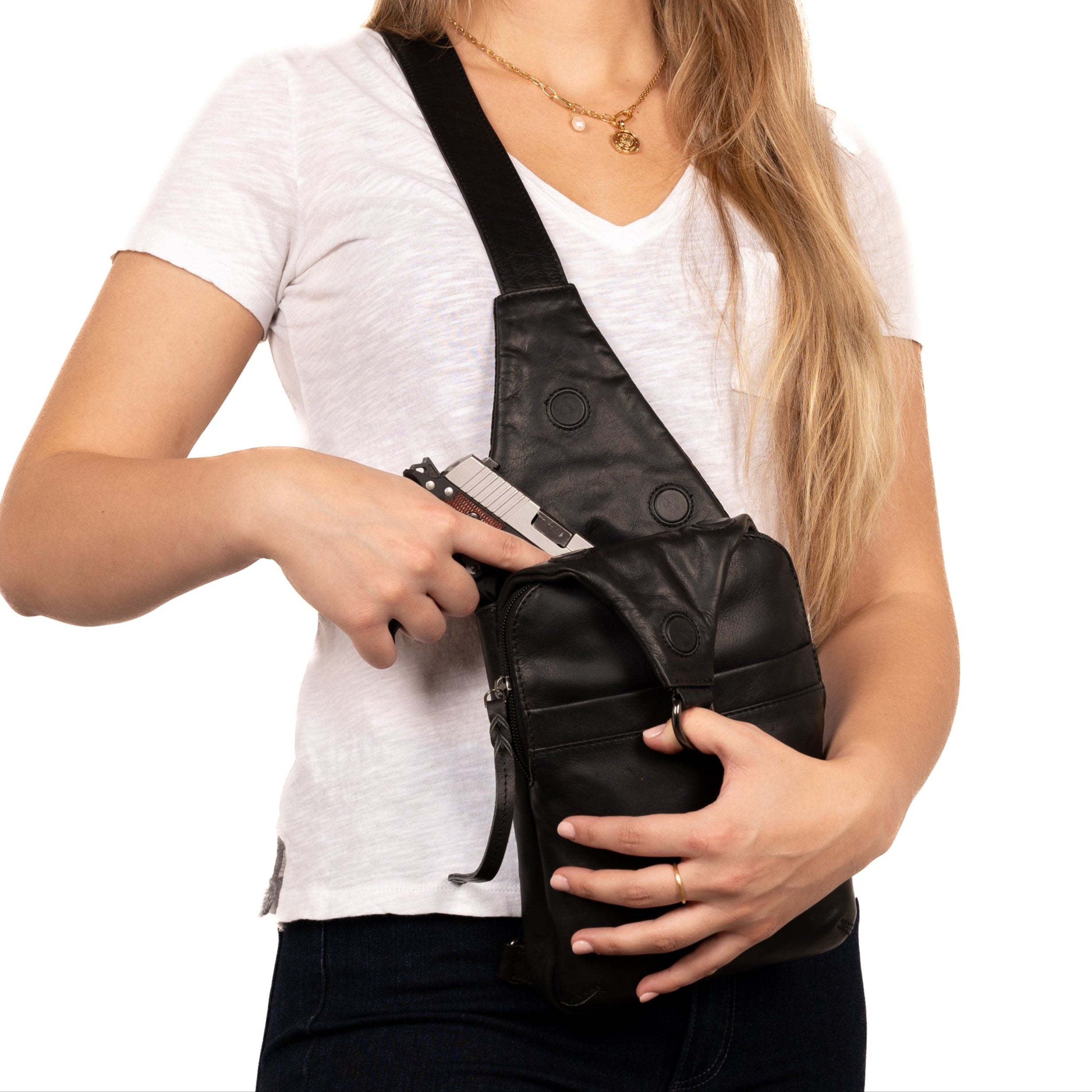 Dakota Unisex Sling Backpack by Lady Conceal – Full-Grain Leather with Vertical Conceal Carry Compartment