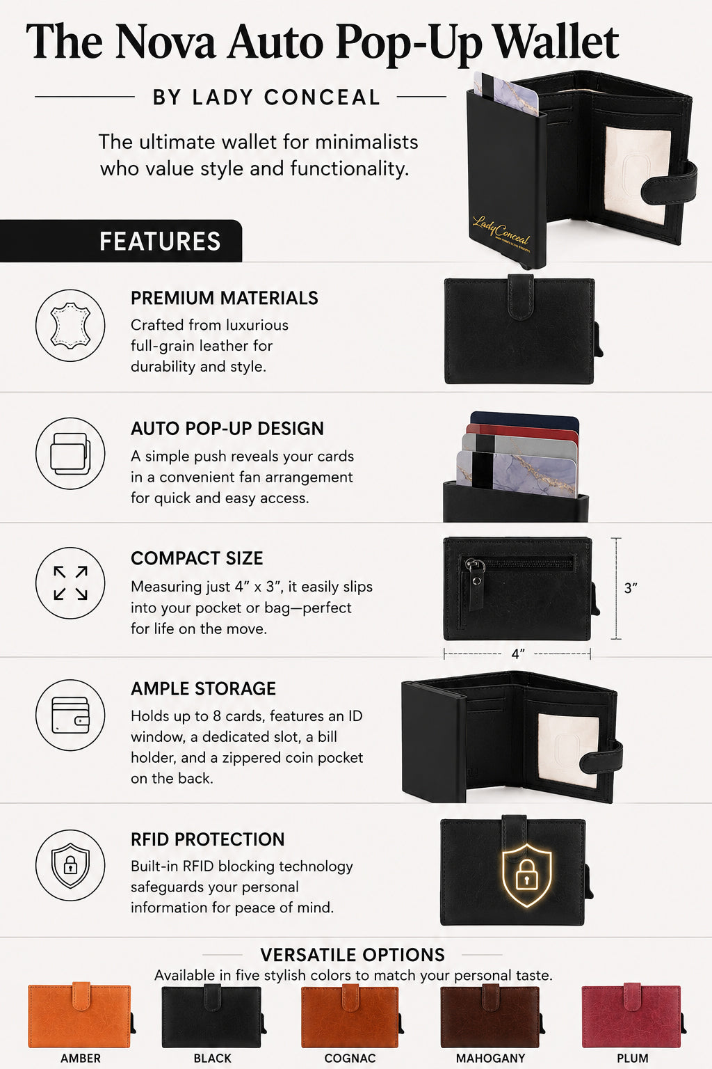 RFID Leather Wallet by Lady Conceal – Nova Pop-Up Style with 8-Card Capacity, Coin Pouch, ID Slot – Wholesale Ready