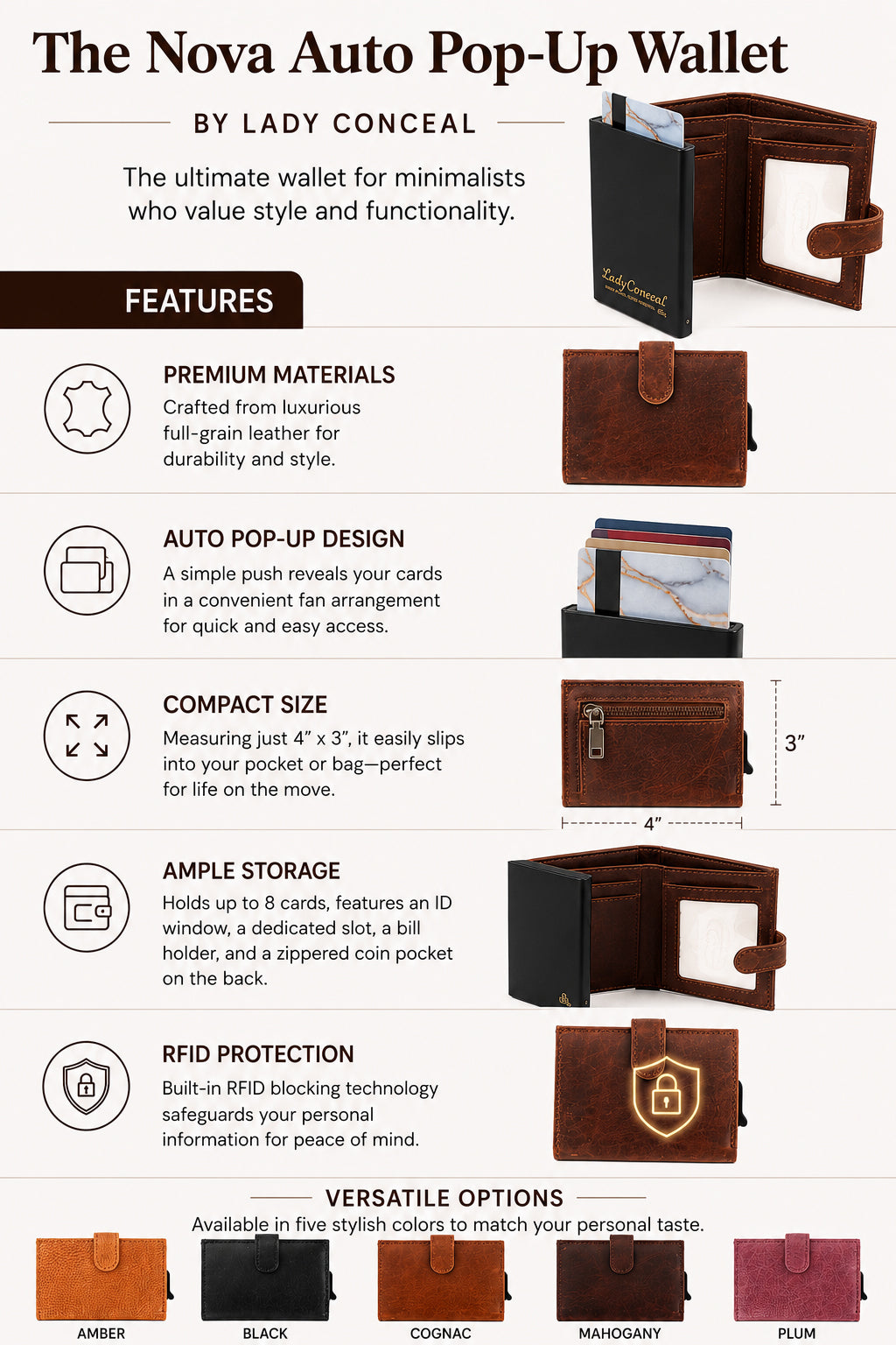 RFID Leather Wallet by Lady Conceal – Nova Pop-Up Style with 8-Card Capacity, Coin Pouch, ID Slot – Wholesale Ready