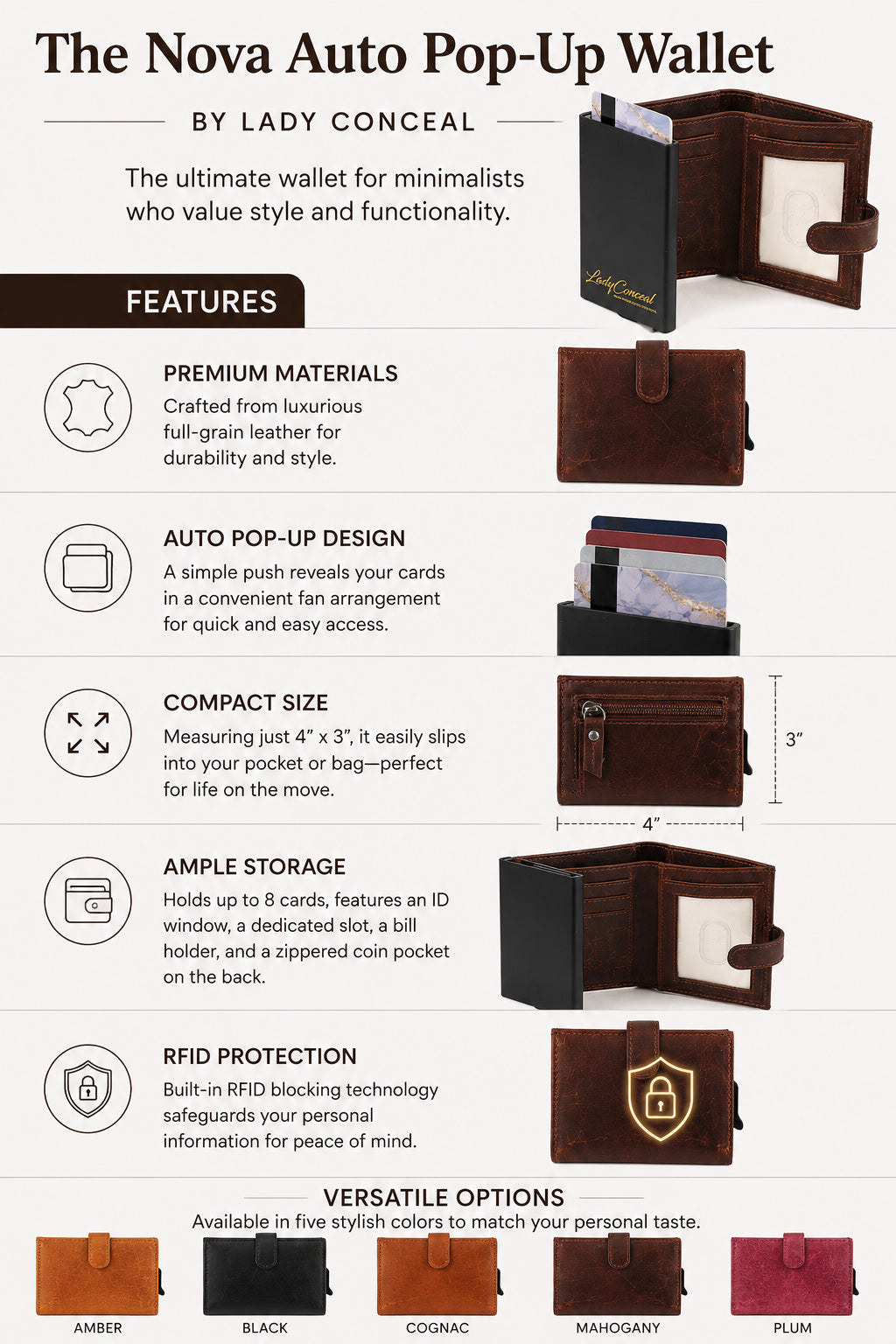 RFID Leather Wallet by Lady Conceal – Nova Pop-Up Style with 8-Card Capacity, Coin Pouch, ID Slot – Wholesale Ready