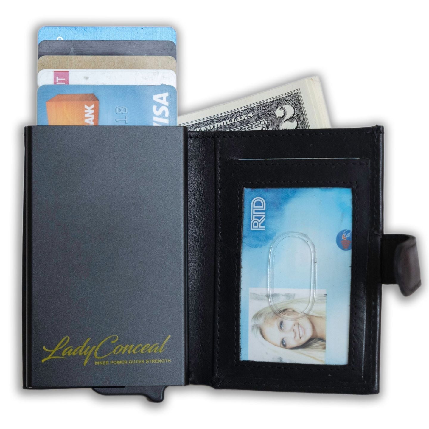 Nova RFID Wallet by Lady Conceal – Modern leather card launcher with ID panel, currency slot, and compact utility style