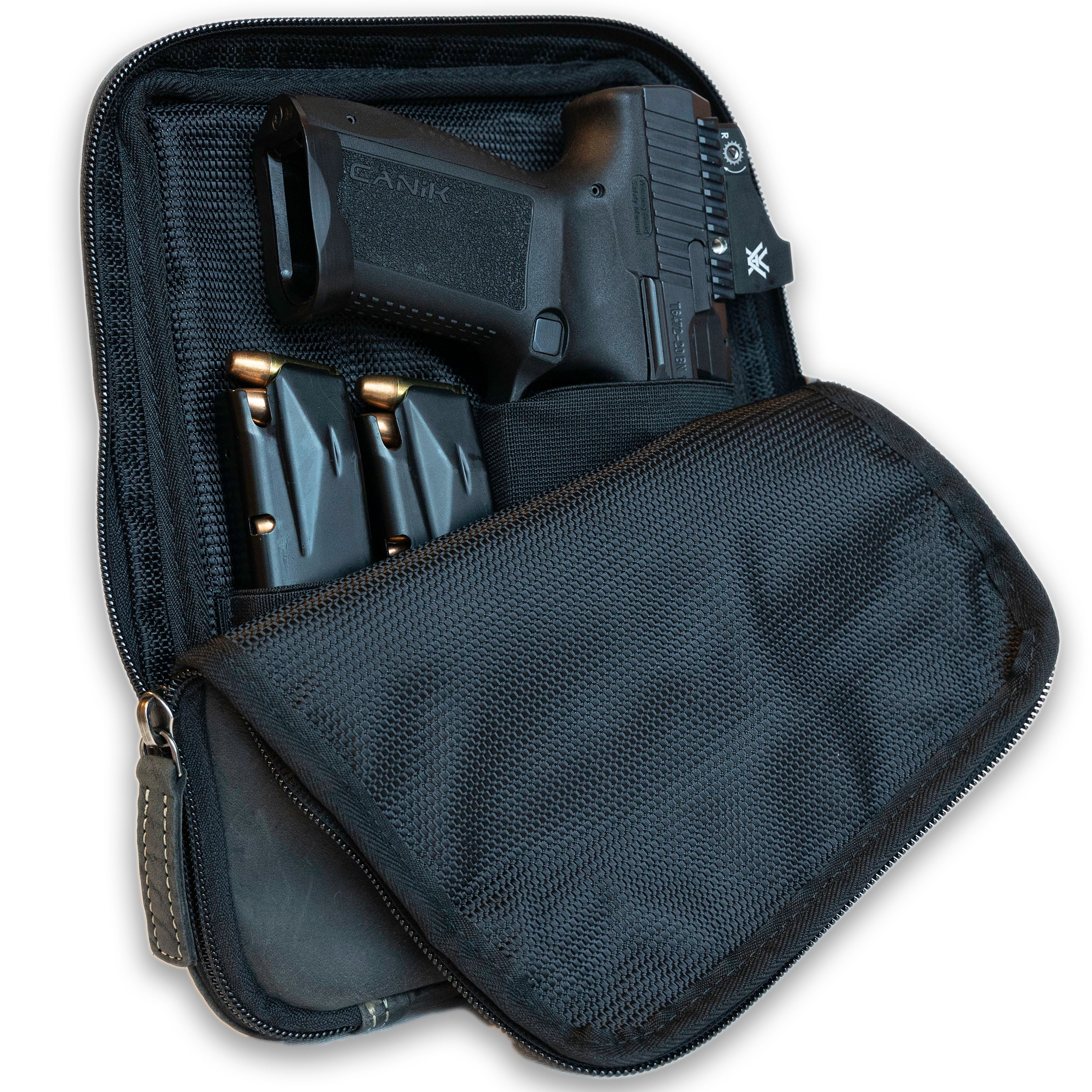 UC Leather firearm gear bag, canvas and leather range bag for handgun transport, built for wholesale markets