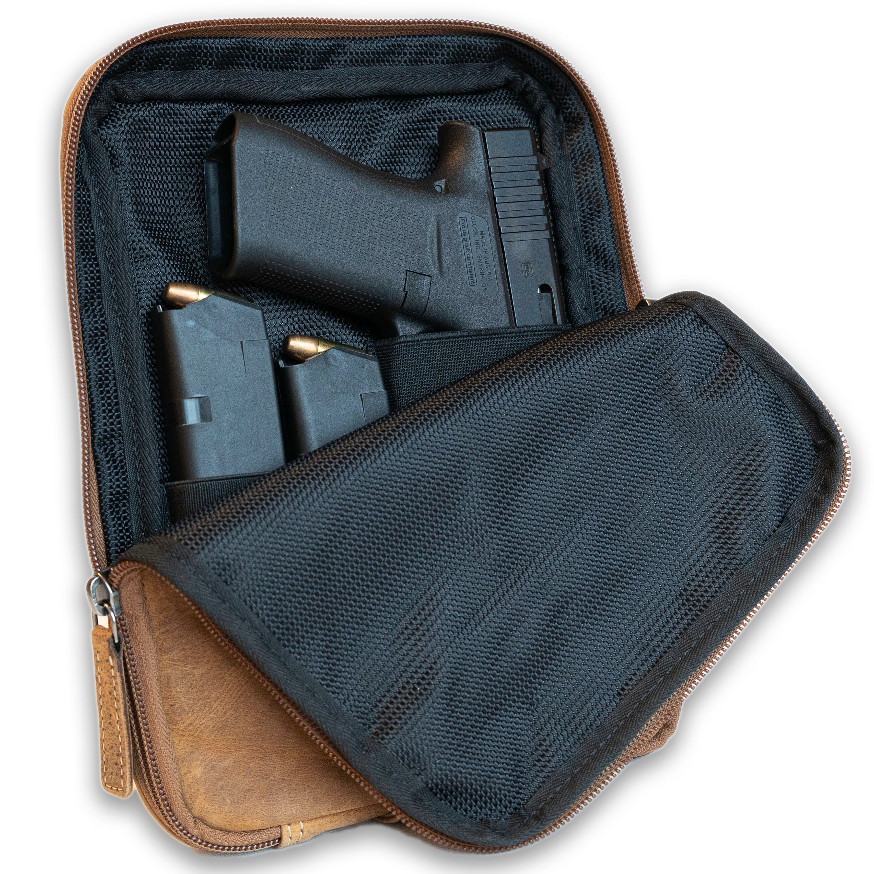 UC Leather firearm range bag, canvas and leather construction, wholesale pistol and gear transport solution