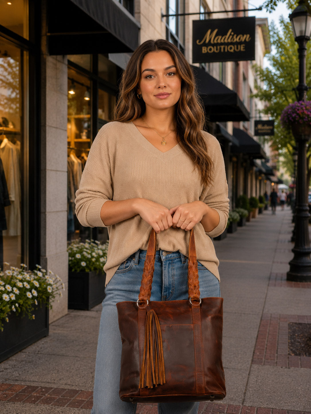 A woman stands on a city sidewalk holding then Concealed Carry Bella Leather Tote - Women's Purse for Pistol - Locking Purse with pistol slot - Leather Conceal Carry purse for Women - Concealed carry purse holster - Conceal Carry Handbag for Pistol - Handgun Bags for Womenwith long tassel straps. She is wearing a beige V-neck sweater and blue jeans.