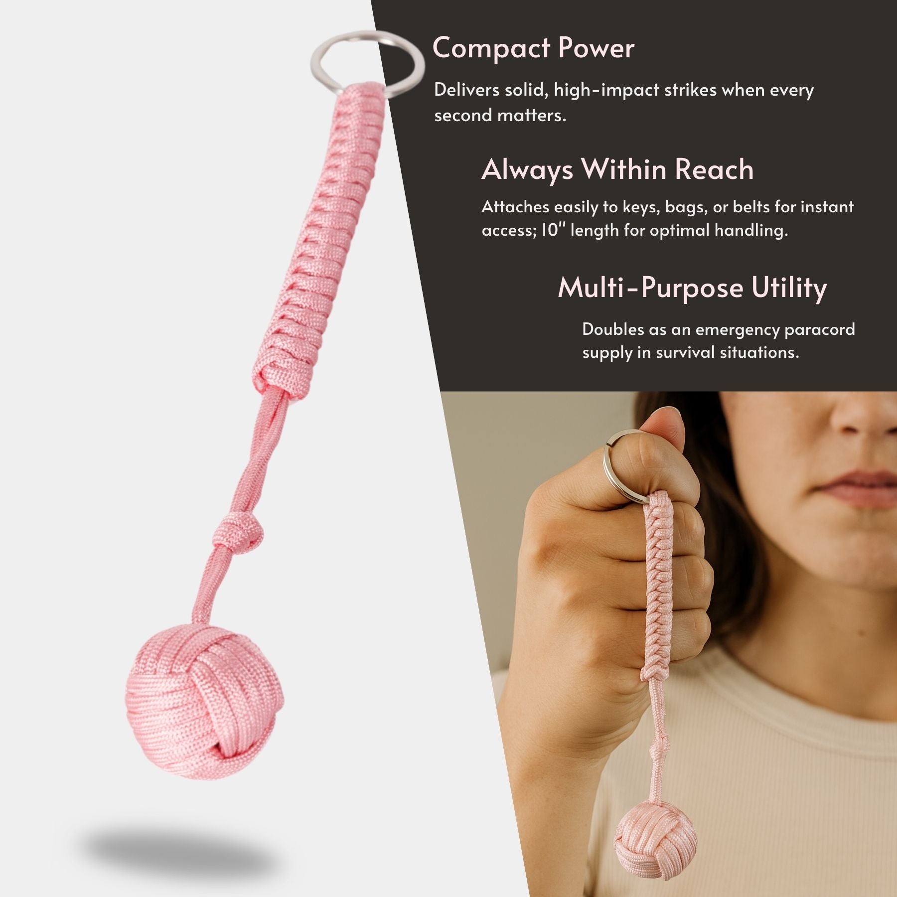 Lady Conceal Tactical Paracord Monkey Fist with steel core, 550 paracord wrap, keyring, and knotted grip for self-defense – dealer Inforgraphic