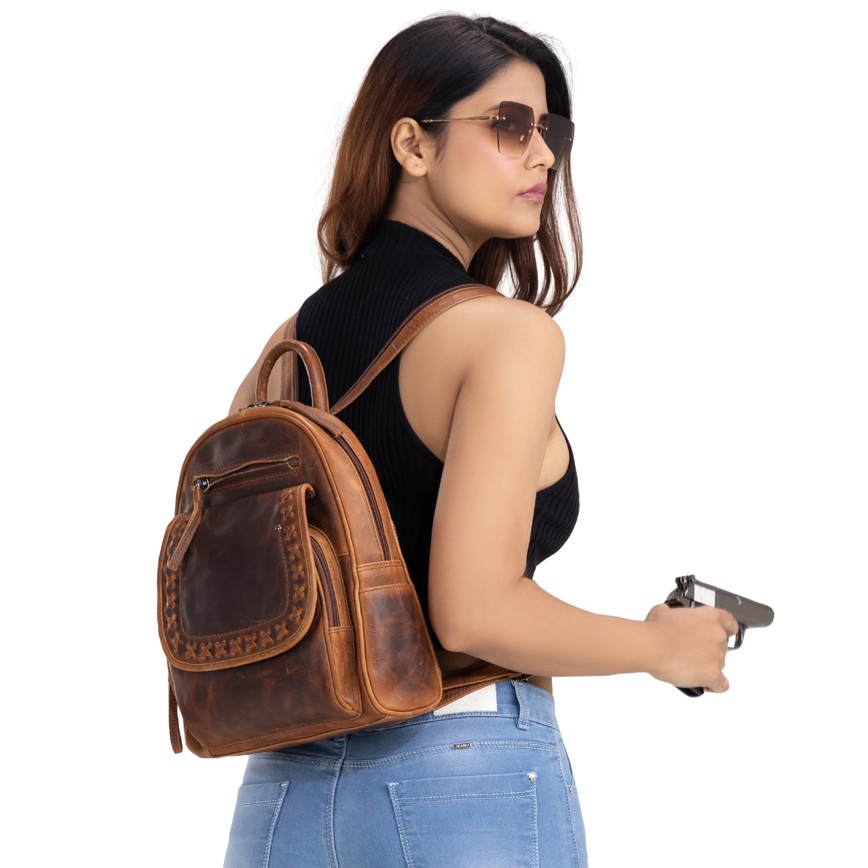 Concealed Carry RFID Daisy Leather Backpack - Locking Concealment Bag for Pistol - Outdoors Gun Bag - Women's Conceal Carry Purse for Firearm - Gift for Gun Owner - Gift for Women with Guns - Gifts for Hunters - Pistol Gun Backpack - Leather Gun Bag - Bag for Glock