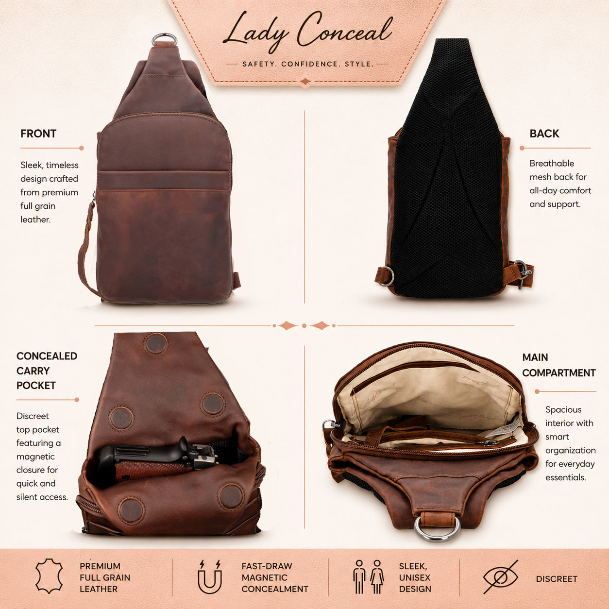A four-panel product infographic for the Lady Conceal shoulder bag, showing the front, back, concealed carry pocket, and main compartment. The bag is made of dark brown full grain leather with black mesh lining and tan interior.