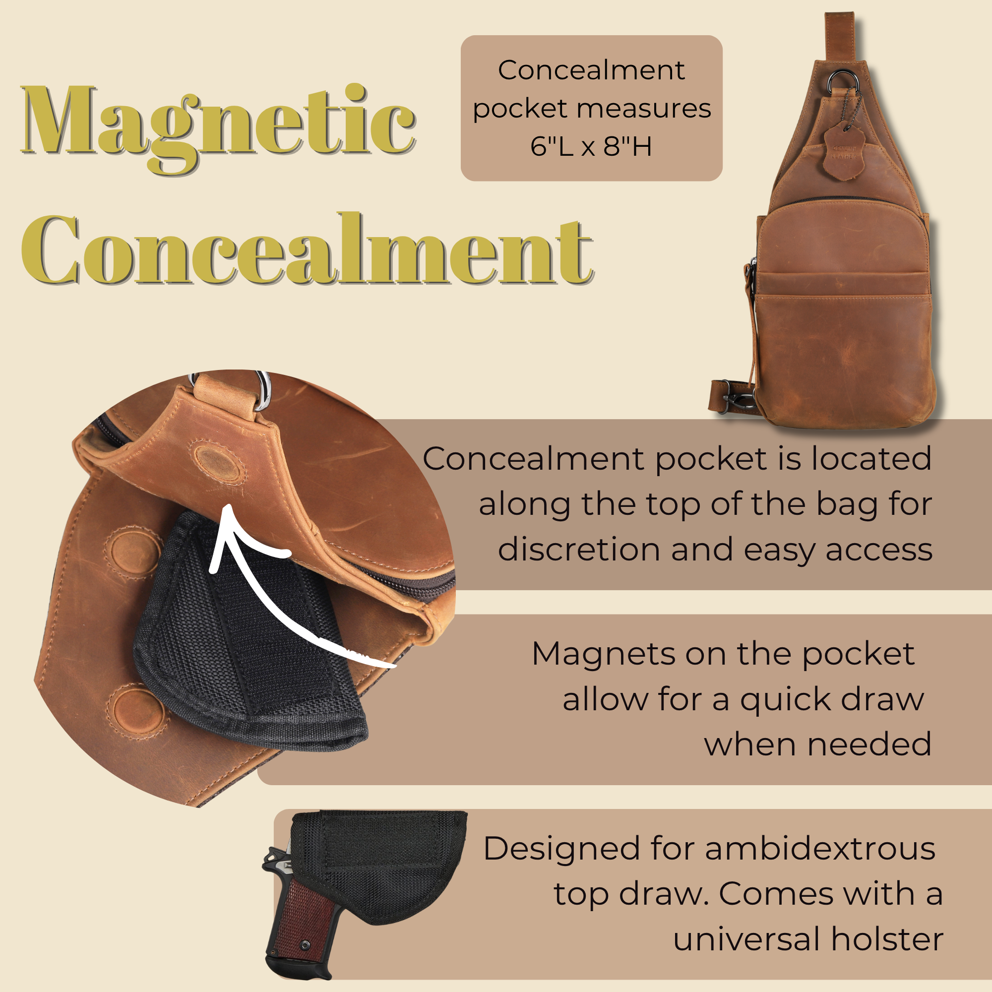 Concealed Carry Unisex Dakota Leather Sling by Lady Conceal - Large and Regular Size