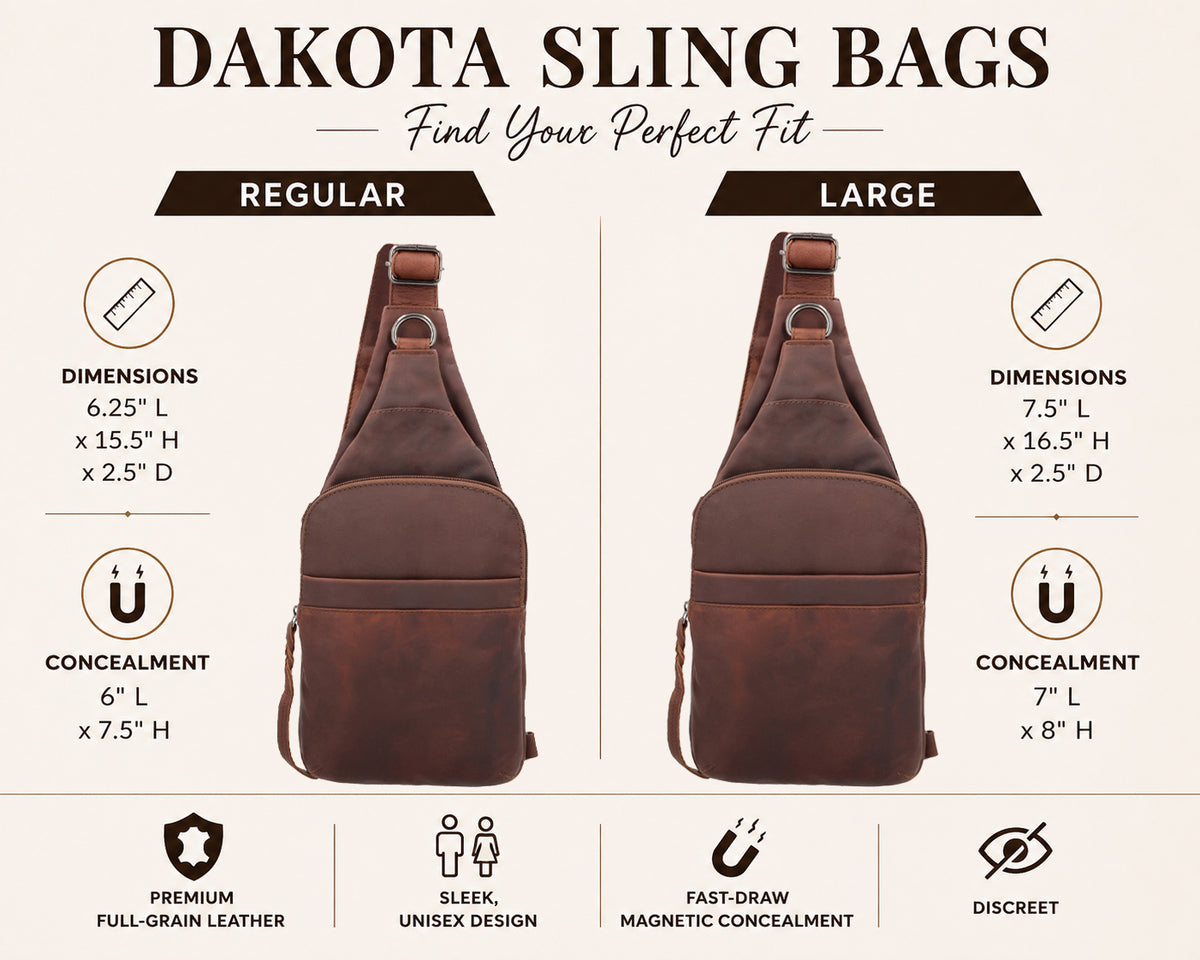 A product comparison infographic for Concealed Carry Dakota Sling Bags showing two brown leather sling bag silhouettes labeled Regular and Large, with dimensions and concealment measurements listed beside each bag on a light beige background.